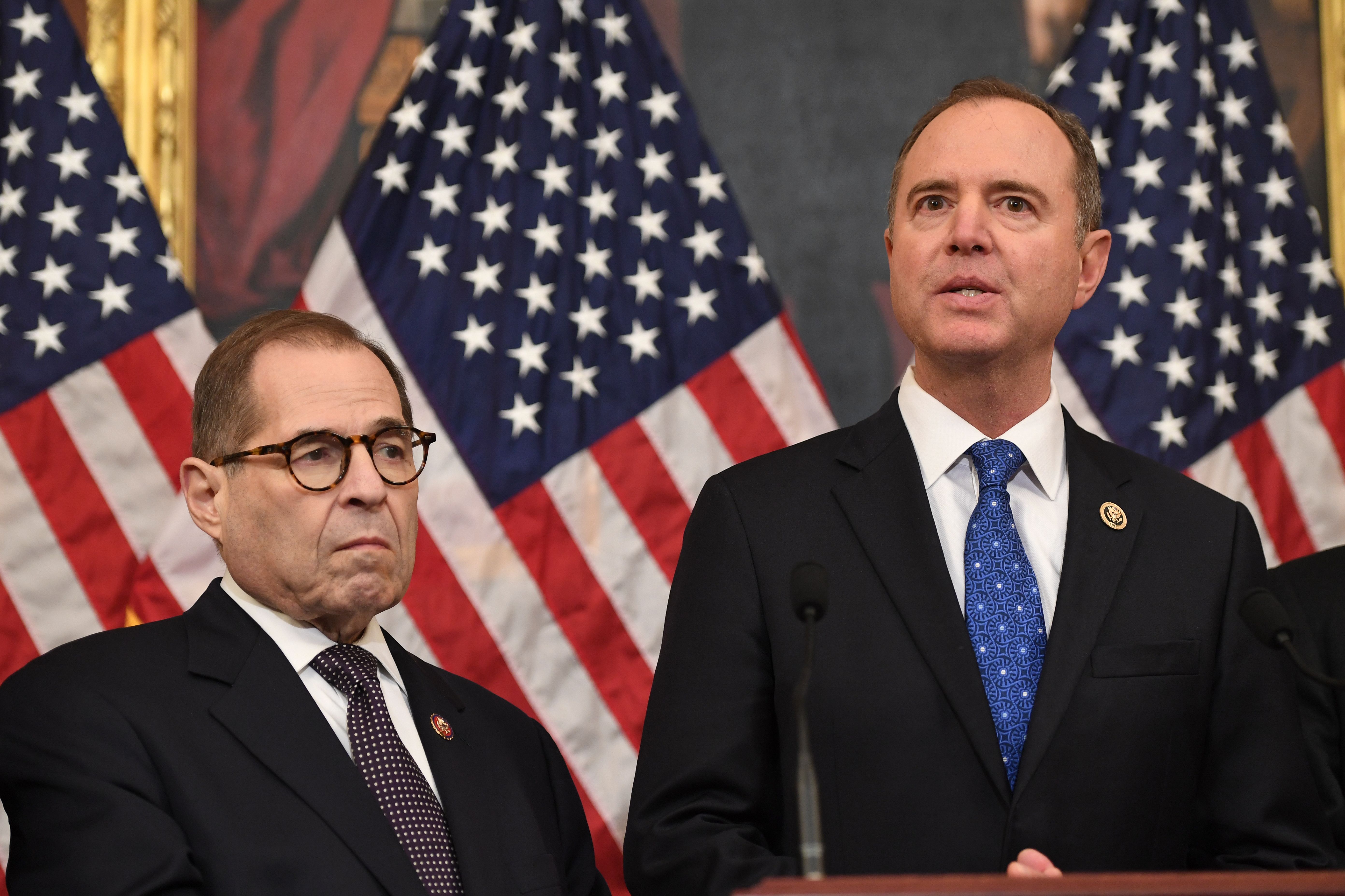 House Intelligence Committee Chairman Adam Schiff (R) and House Judiciary Chairman Jerry Nadler hold a press conference on December 18, 2019. (Saul Loeb/AFP/Getty Images)