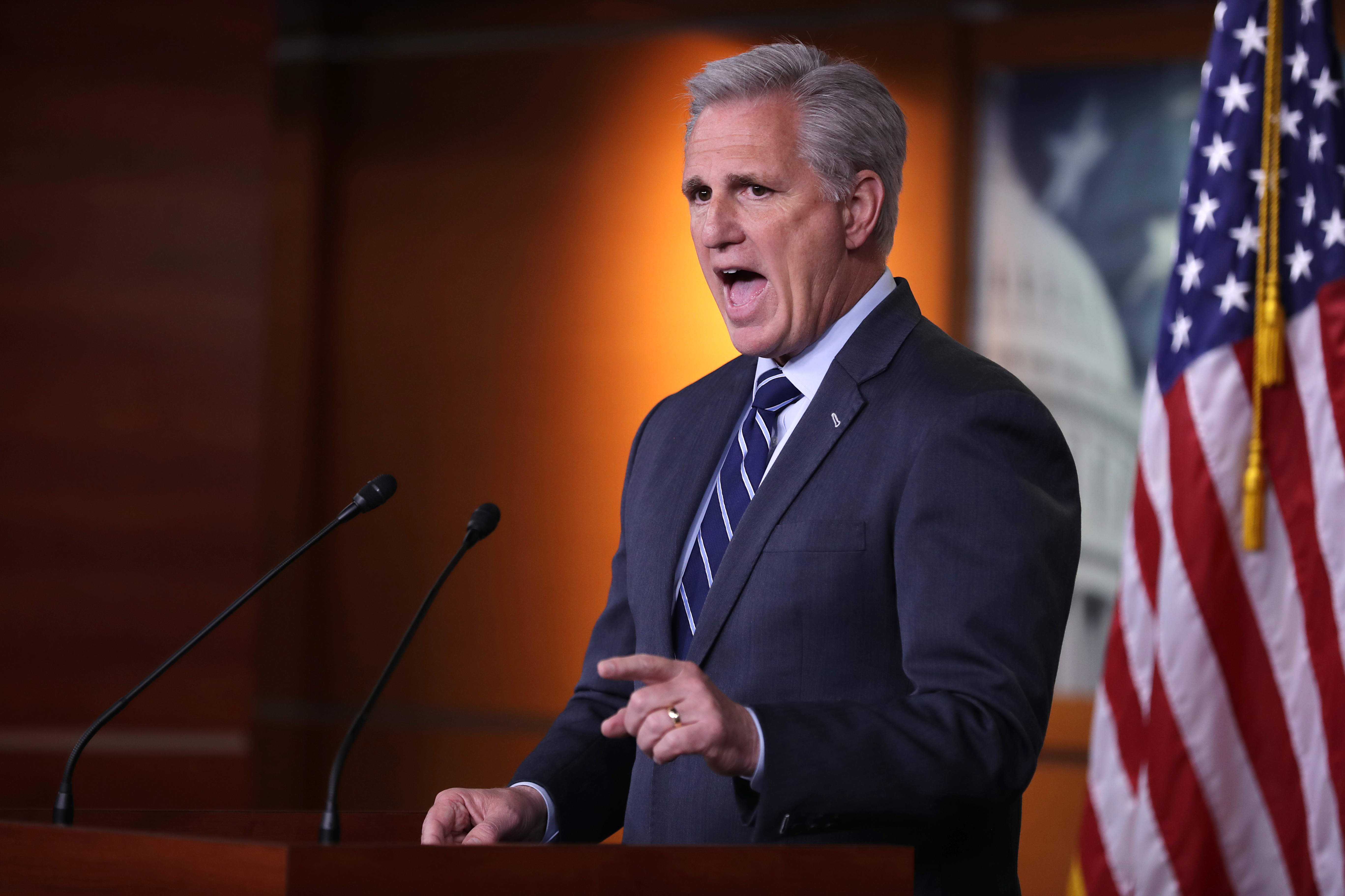 WASHINGTON, DC - JUNE 13: House Minority Leader Kevin McCarthy (R-CA) holds his weekly news conference at the U.S. Capitol June 13, 2019 in Washington, DC. In the wake of remarks by President Donald Trump that he would accept compromising information about a political opponent from a foreign power, McCarthy said that he would support legislation proposed by Democrats that would require people to report to the FBI if they are approached with offers of that information. (Photo by Chip Somodevilla/Getty Images)