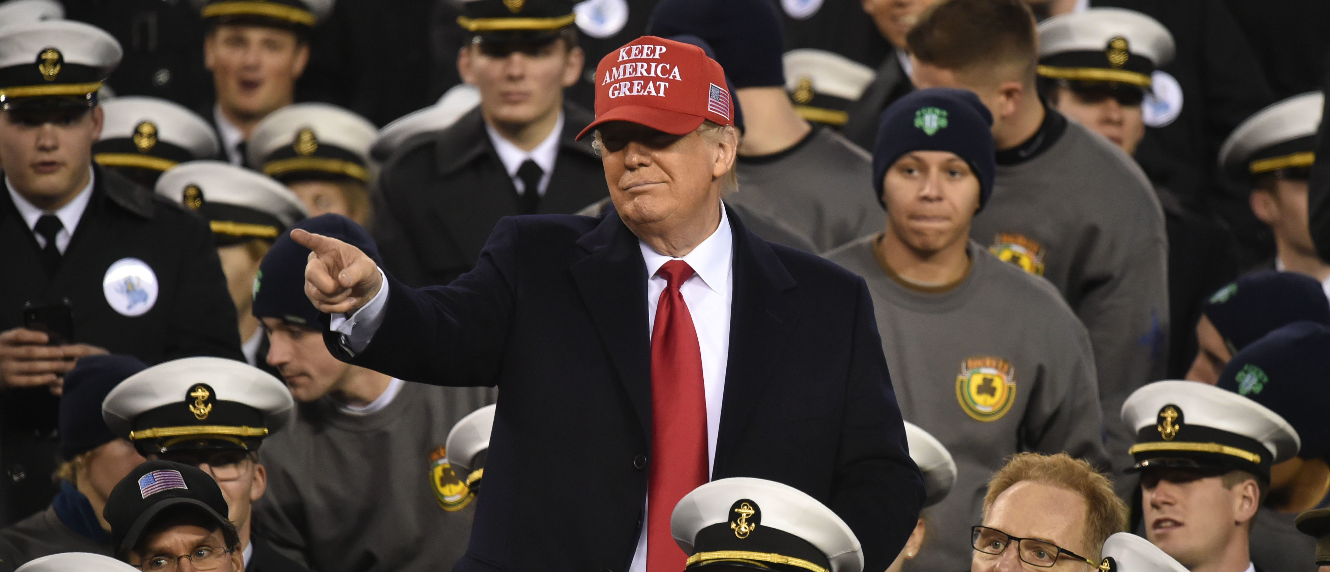 Dec 14, 2019; Philadelphia, PA, USA; President Donal Trump sits with the Navy Midshipmen during half time of the 120th Army-Navy game at Lincoln Financial Field. Mandatory Credit: James Lang-USA TODAY Sports