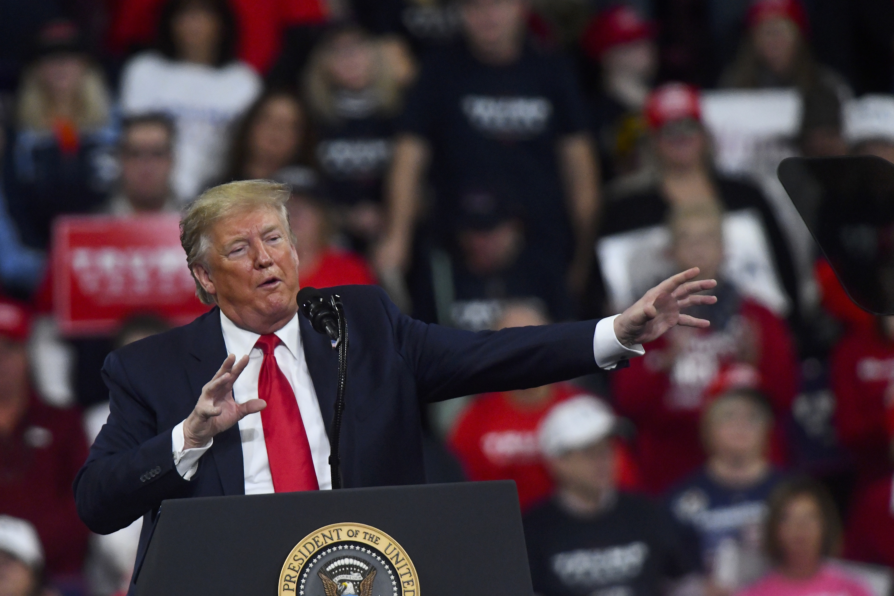 HERSHEY, PA - DECEMBER 10: U.S. President Donald Trump speaks during a campaign rally on December 10, 2019 in Hershey, Pennsylvania. This rally marks the third time President Trump has held a campaign rally at Giant Center. The attendance of both President and Vice President signifies the importance Pennsylvania holds as a key battleground state. (Photo by Mark Makela/Getty Images)