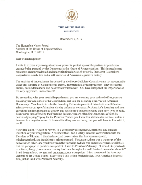 President Donald Trump Letter To House Of Representatives On Impeachment (WH: December 17, 2019)