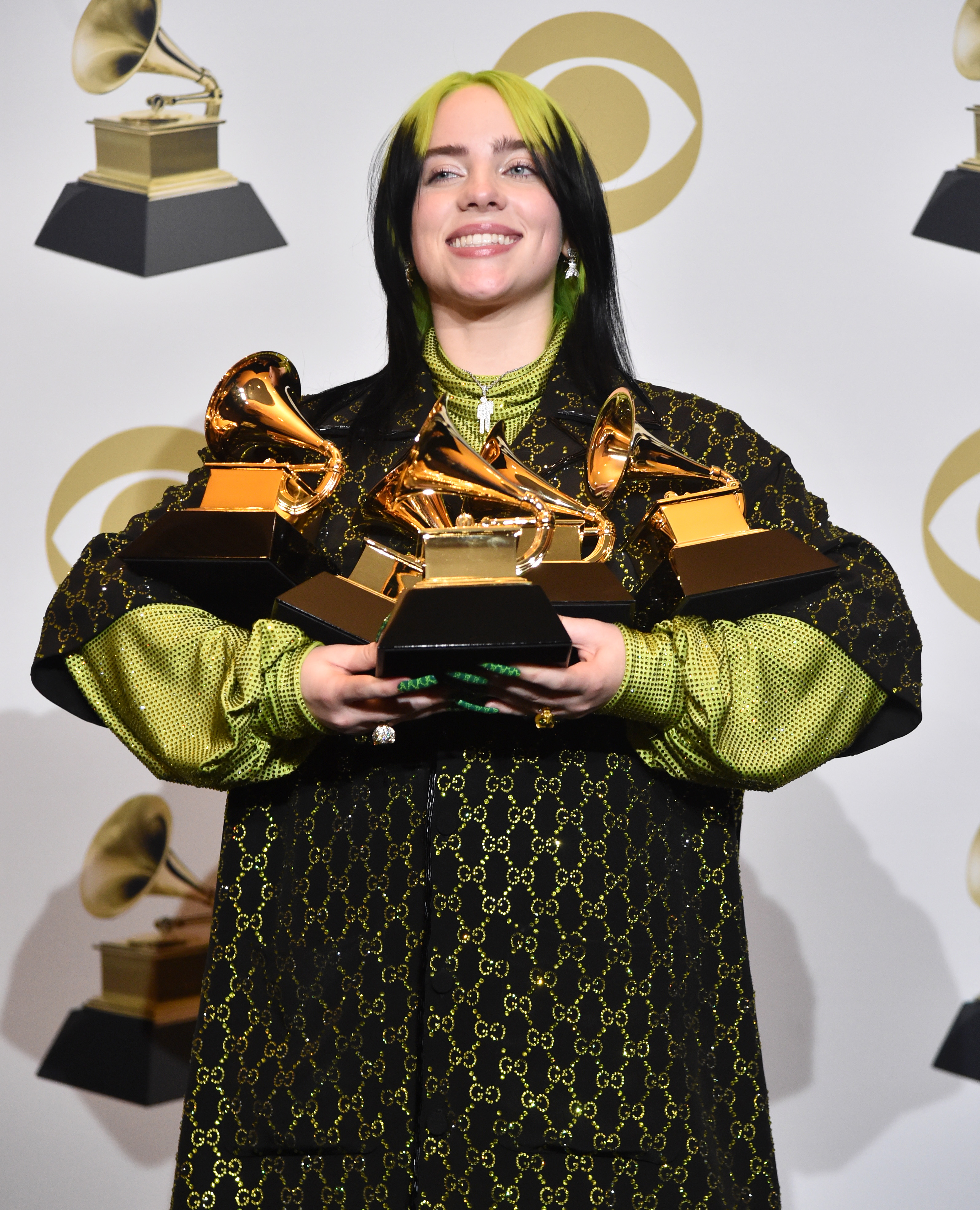 Billie Eilish, winner of Record of the Year for "Bad Guy", Album of the Year for "when we all fall asleep, where do we go?", Song of the Year for "Bad Guy", Best New Artist and Best Pop Vocal Album for "when we all fall asleep, where do we go?", poses in the press room during the 62nd Annual GRAMMY Awards at STAPLES Center on January 26, 2020 in Los Angeles, California. (Photo by Alberto E. Rodriguez/Getty Images for The Recording Academy)