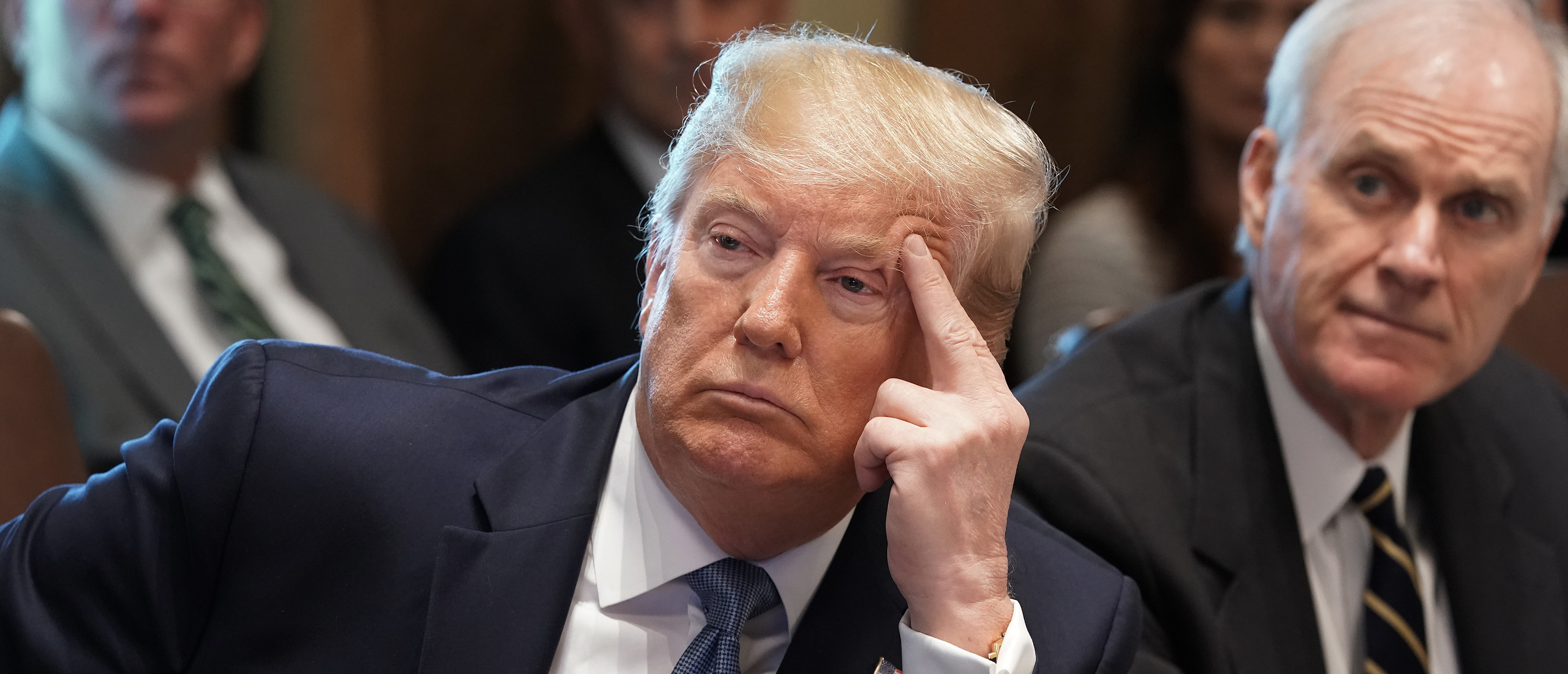 WASHINGTON, DC - JULY 16: U.S. President Donald Trump listens to a presentation about immigration by senior advisor and son-in-law Jared Kushner during a cabinet meeting at the White House July 16, 2019 in Washington, DC. Trump and members of his administration addressed a wide variety of subjects, including Iran, opportunity zones, drug prices, HIV/AIDS, immigration and other subjects for more than an hour. (Photo by Chip Somodevilla/Getty Images)