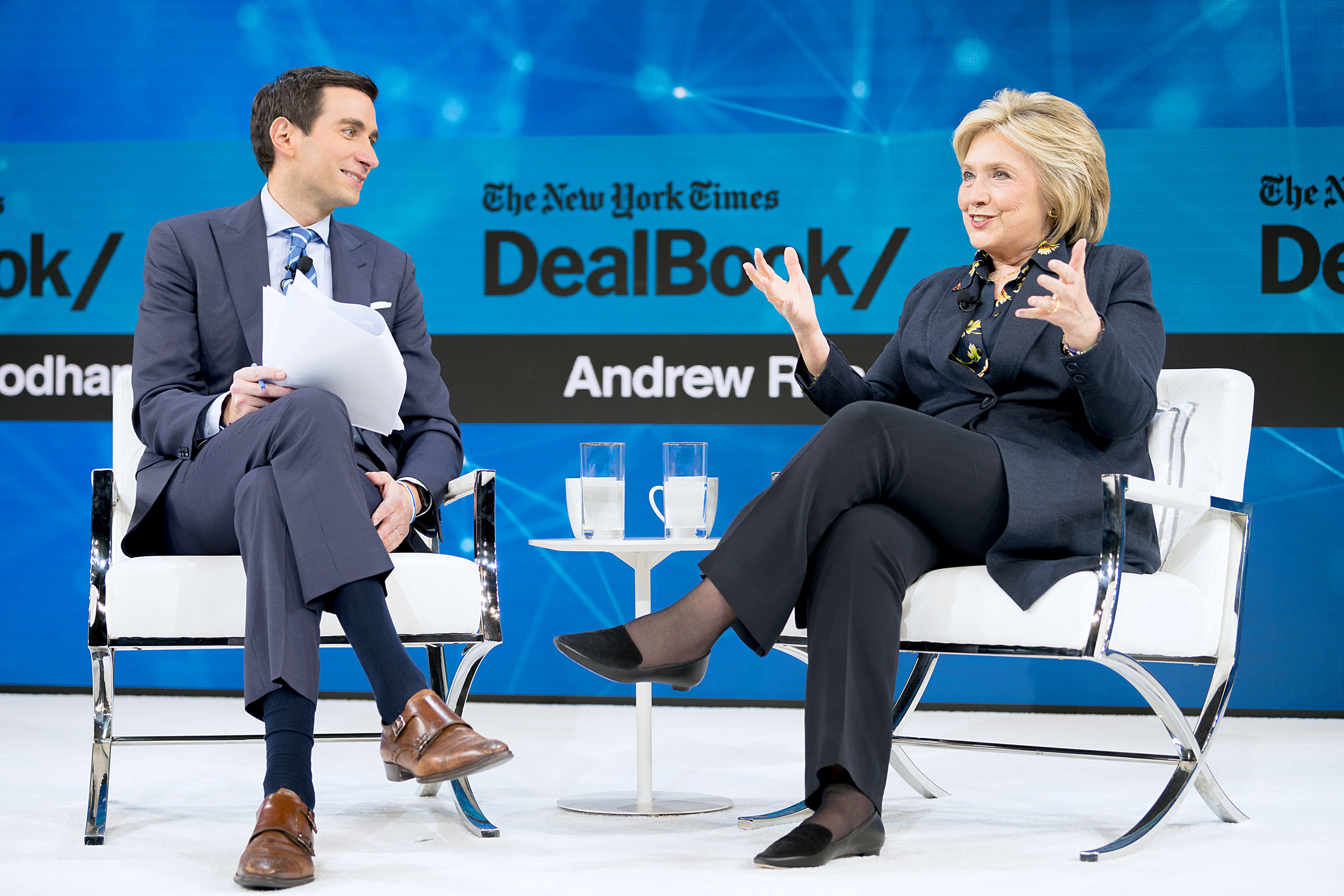 NEW YORK, NEW YORK - NOVEMBER 06: Andrew Ross Sorkin, Editor at Large, Columnist and Founder, DealBook, The New York Times speaks with Hillary Rodham Clinton, Former First Lady, U.S. Senator, U.S. Secretary of State onstage at 2019 New York Times Dealbook on November 06, 2019 in New York City. (Photo by Mike Cohen/Getty Images for The New York Times)