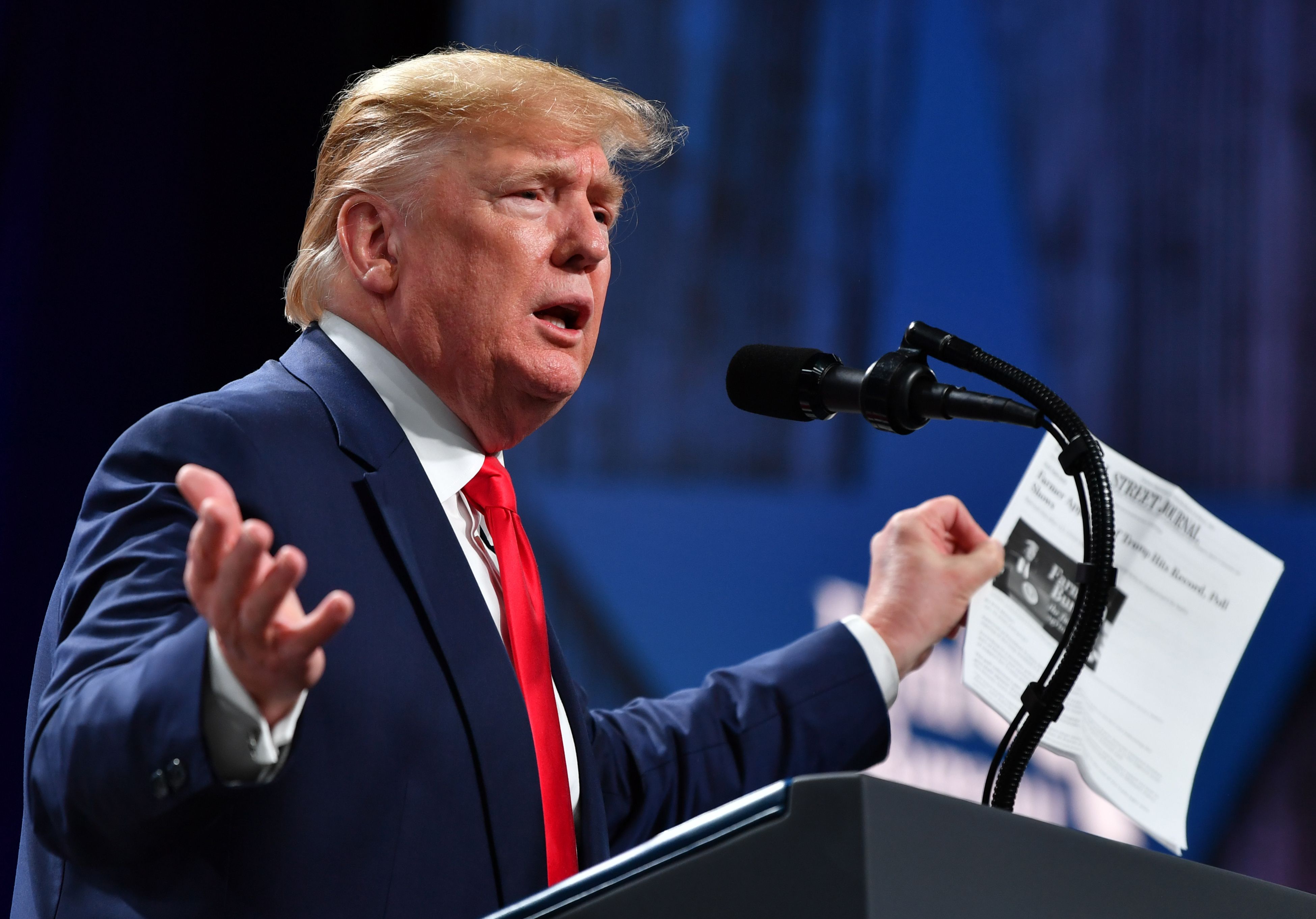 US President Donald Trump speaks at the American Farm Bureau Federation Annual Convention and Trade Show in Austin, Texas on January 19, 2020. (Photo by Nicholas Kamm / AFP) (Photo by NICHOLAS KAMM/AFP via Getty Images)