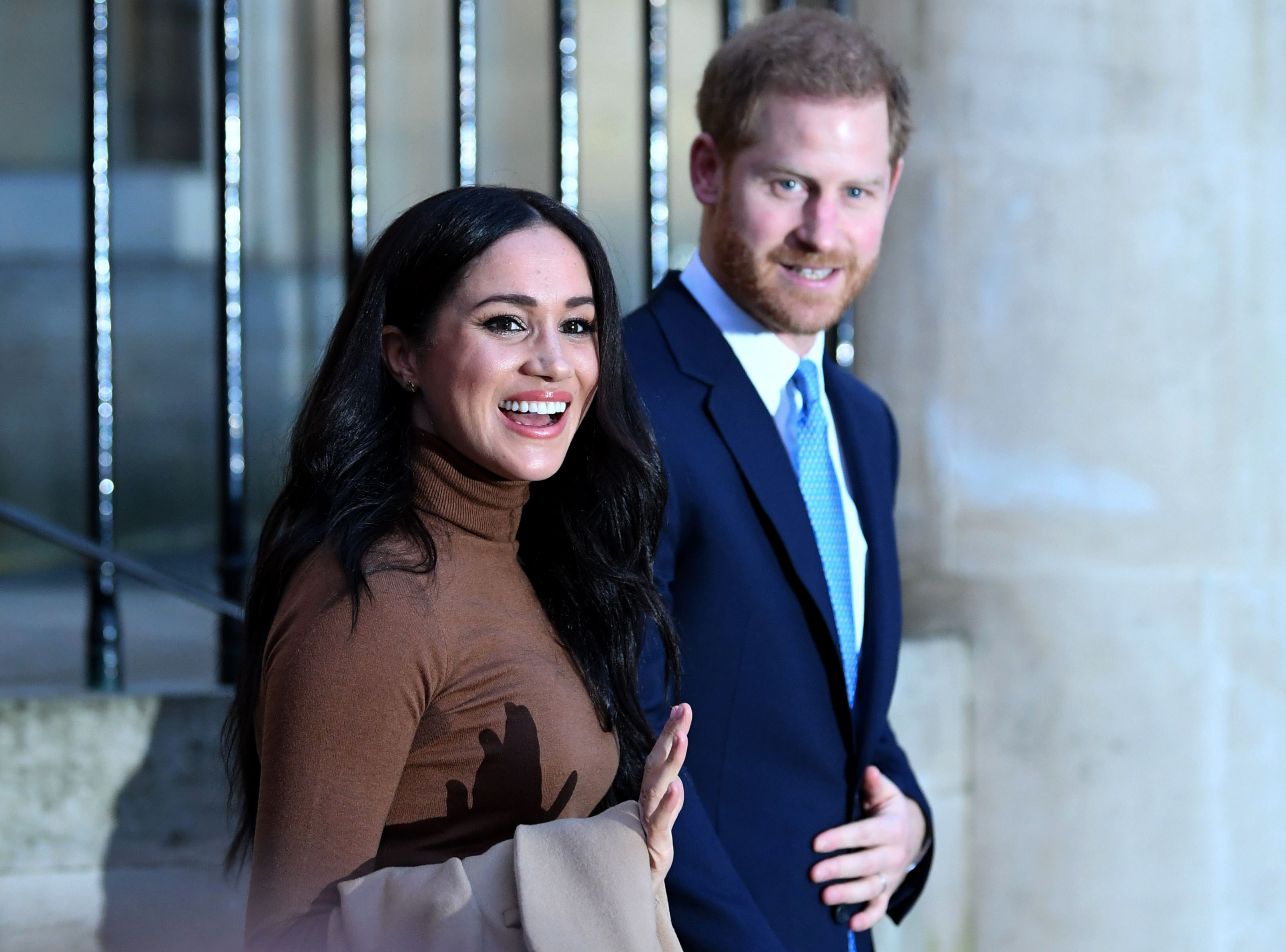 Prince Harry, Duke of Sussex and Meghan, Duchess of Sussex react after their visit to Canada House in thanks for the warm Canadian hospitality and support they received during their recent stay in Canada, on January 7, 2020 in London, England. (Photo by DANIEL LEAL-OLIVAS - WPA Pool/Getty Images)
