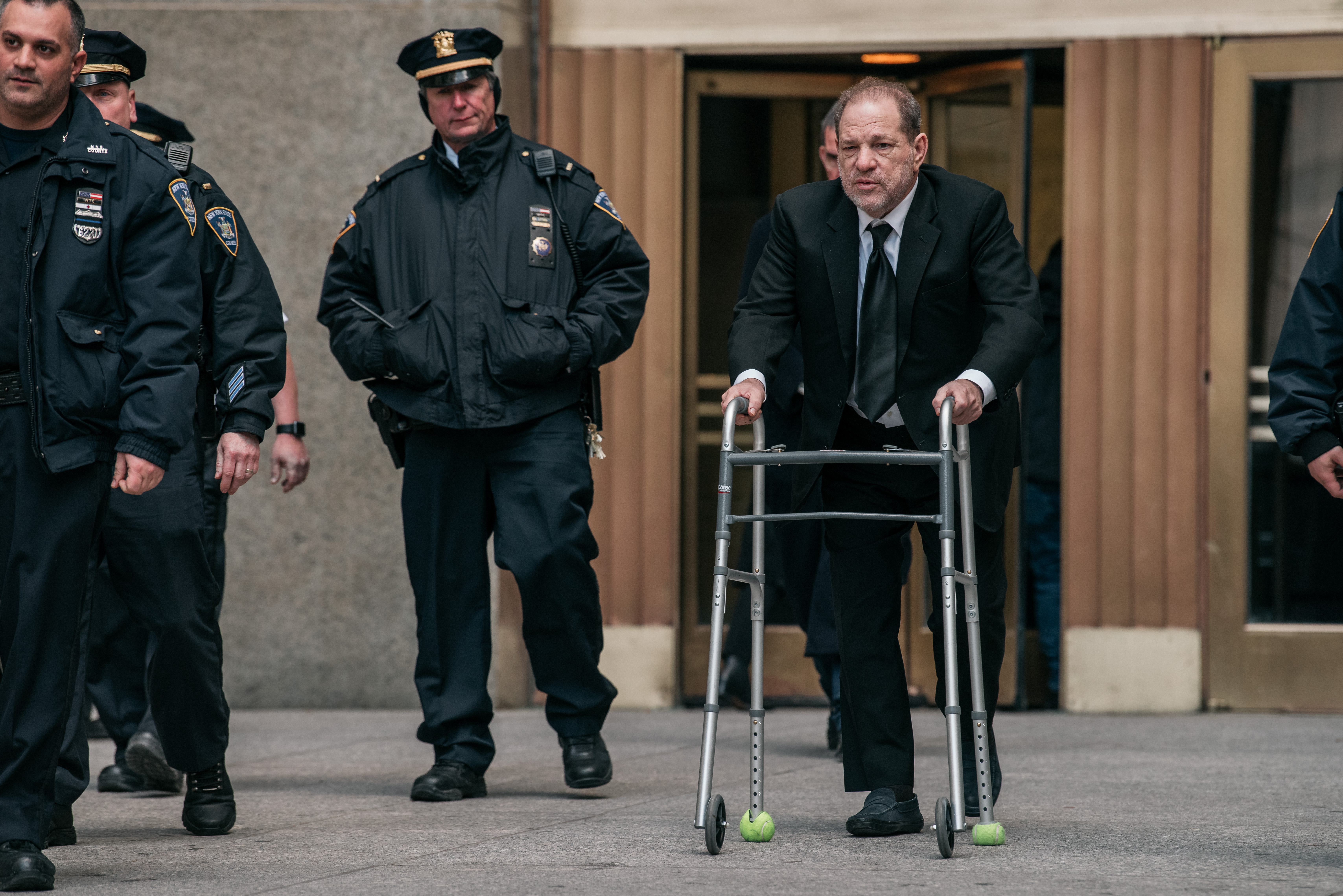 Harvey Weinstein leaves New York City Criminal Court on January 16, 2020 in New York City. Weinstein, a movie producer whose alleged sexual misconduct helped spark the #MeToo movement, pleaded not-guilty on five counts of rape and sexual assault against two unnamed women and faces a possible life sentence in prison. (Photo by Scott Heins/Getty Images)
