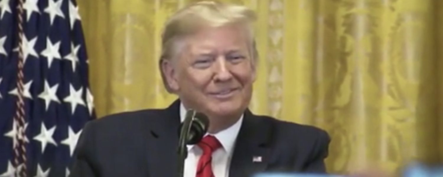 President Donald Trump addresses a Black History Month reception and is greeted by cheers of ‘four more years,” Feb. 27, 2020. White House video screenshot