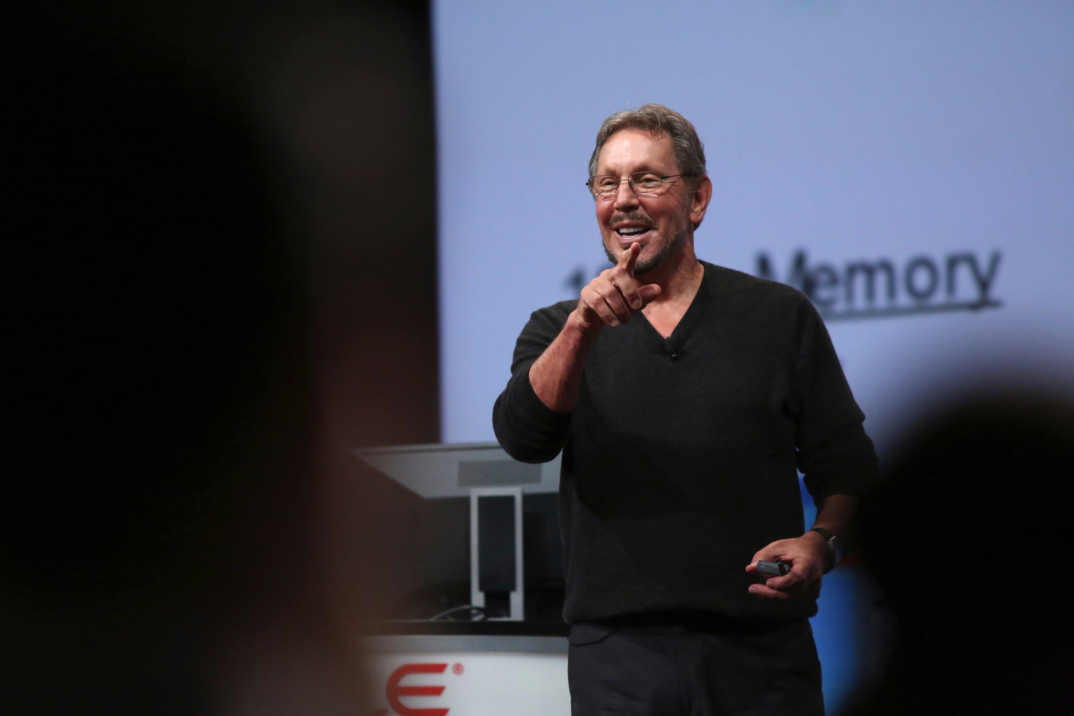 Oracle's Executive Chairman of the Board and Chief Technology Officer Larry Ellison gestures during his keynote speech at Oracle OpenWorld in San Francisco, California Sept. 30, 2014. REUTERS/Robert Galbraith 