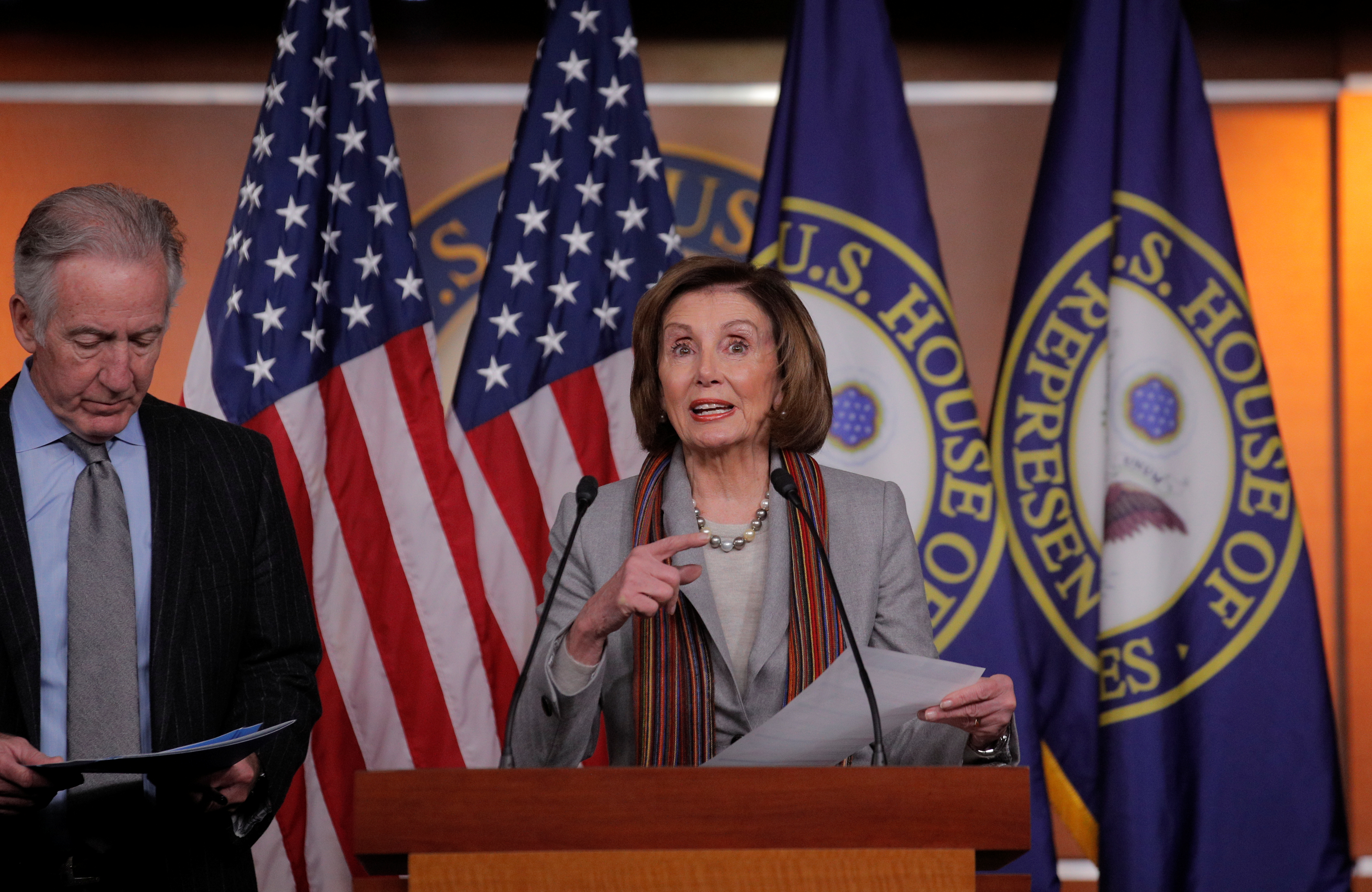 U.S. Speaker of the House Nancy Pelosi holds a news conference with House Ways and Means Committee Chairman Richard Neal to unveil a $760 billion infrastructure spending bill proposed by House Democrats at the U.S. Capitol in Washington, U.S., Jan. 29, 2020. REUTERS/Brendan McDermid 