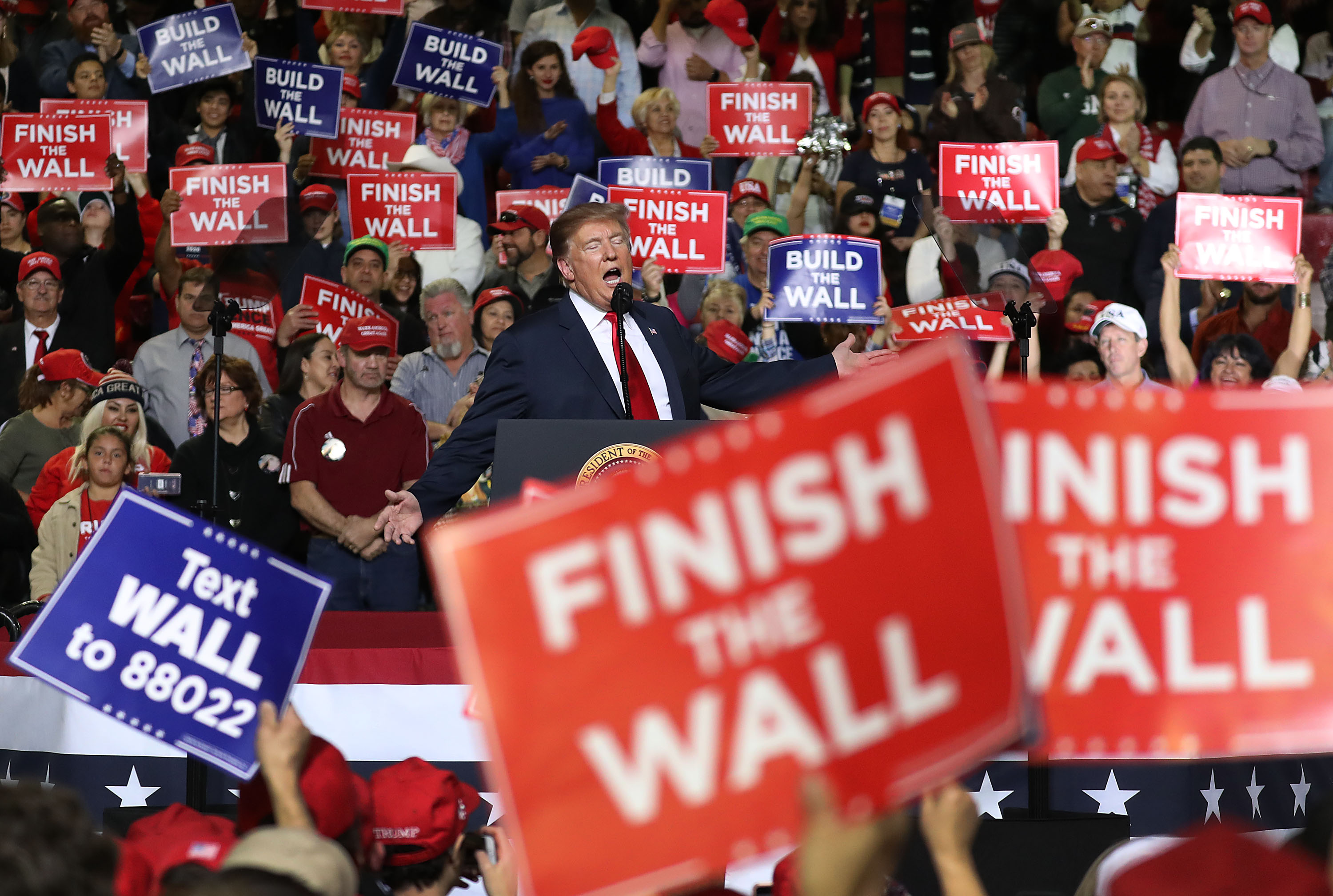 EL PASO, TEXAS - FEBRUARY 11: U.S. President Donald Trump speaks during a rally at the El Paso County Coliseum on February 11, 2019 in El Paso, Texas. Trump continues his campaign for a wall to be built along the border as the Democrats in Congress are asking for other border security measures. (Photo by Joe Raedle/Getty Images)