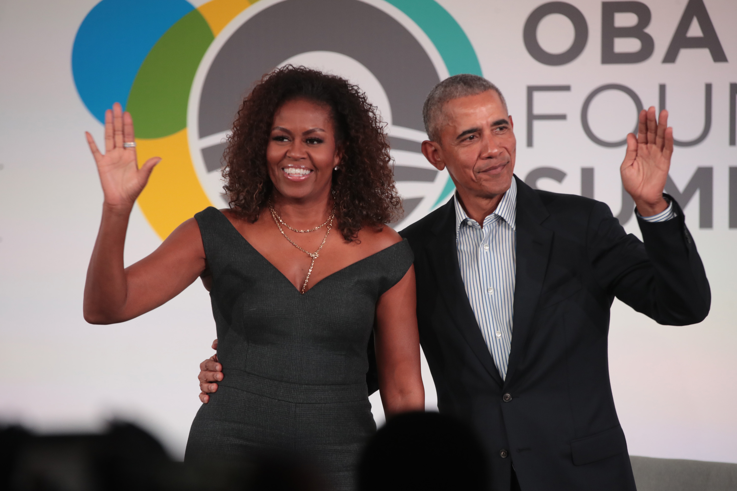 CHICAGO, ILLINOIS - OCTOBER 29: Former U.S. President Barack Obama and his wife Michelle close the Obama Foundation Summit together on the campus of the Illinois Institute of Technology on October 29, 2019 in Chicago, Illinois. The Summit is an annual event hosted by the Obama Foundation. (Photo by Scott Olson/Getty Images)