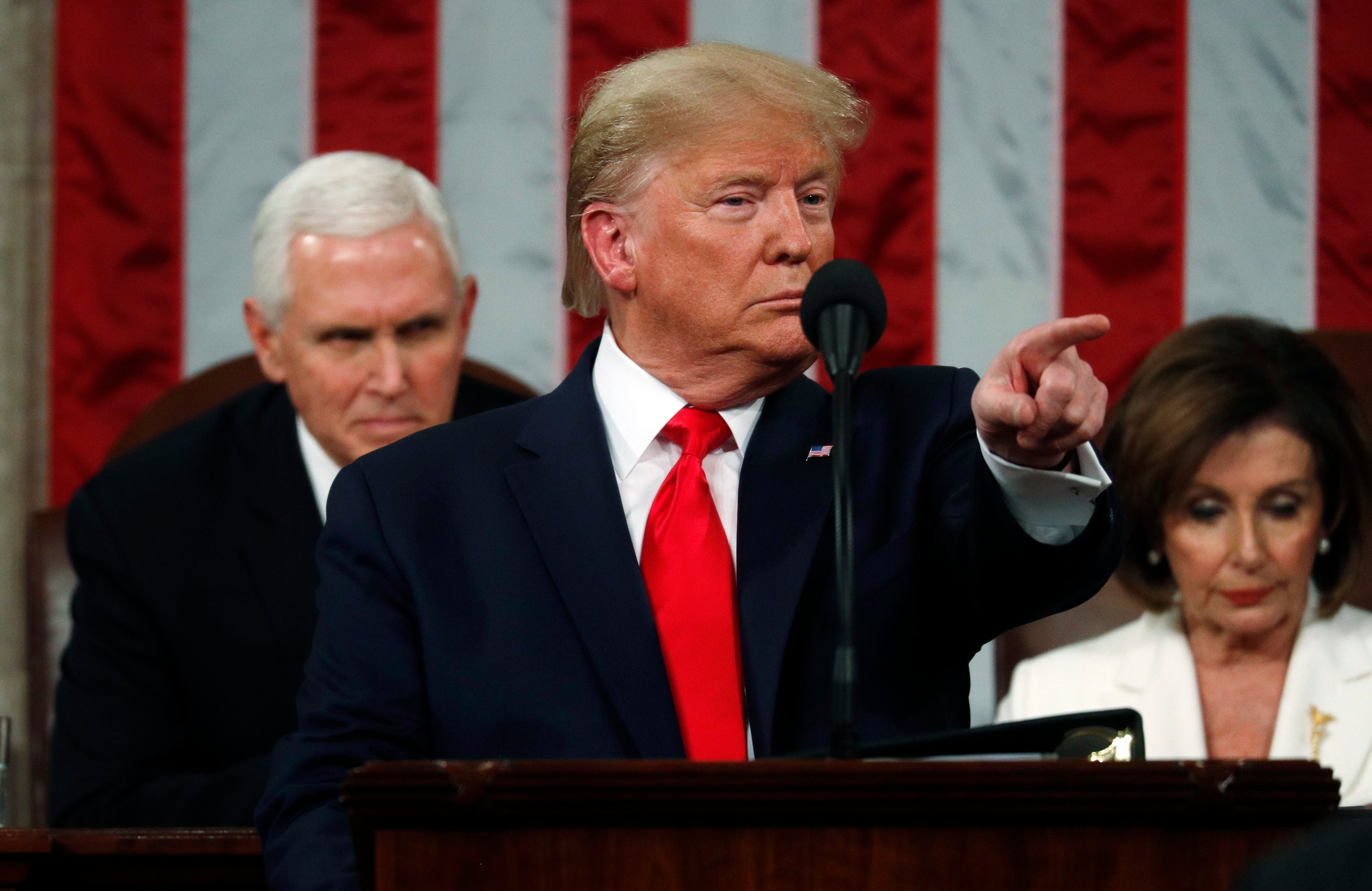 WASHINGTON, DC - FEBRUARY 04: U.S. President Donald Trump delivers the State of the Union address in the House chamber on February 4, 2020 in Washington, DC. Trump is delivering his third State of the Union address on the night before the U.S. Senate is set to vote in his impeachment trial. (Photo by Leah Millis-Pool/Getty Images)