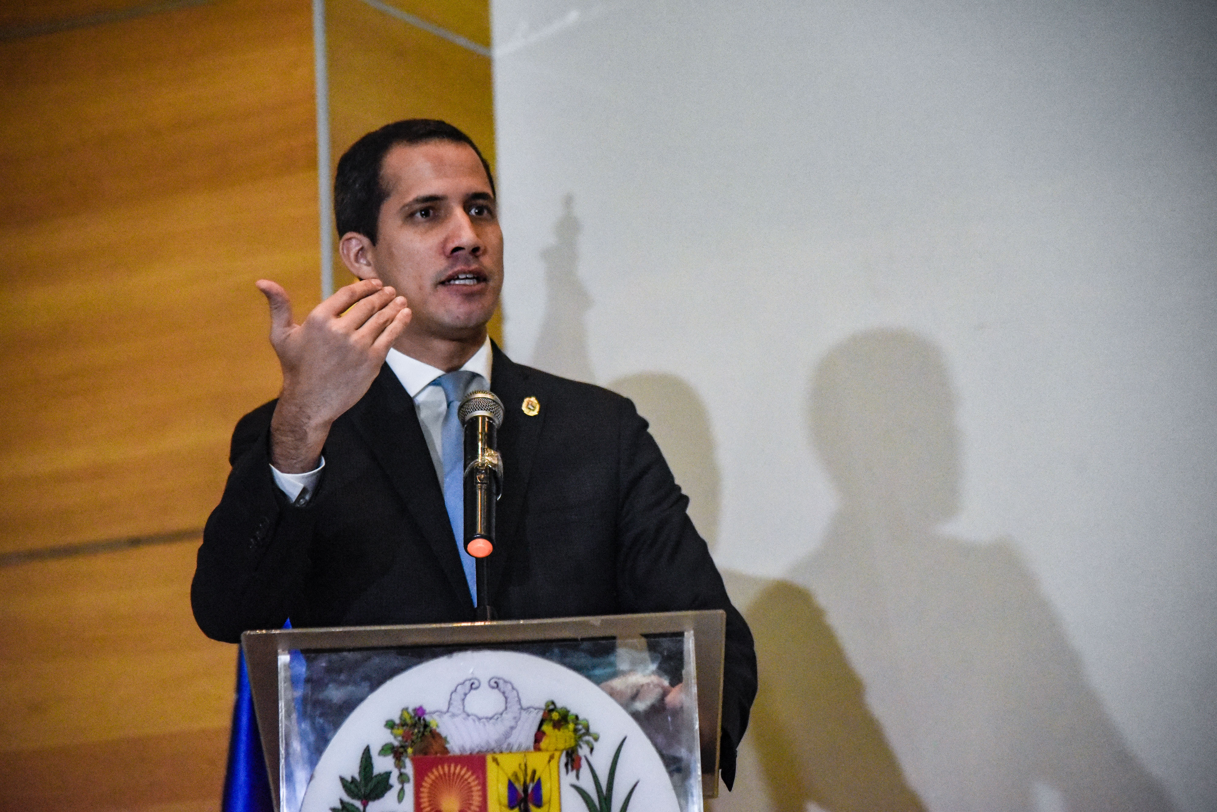 CARACAS, VENEZUELA - FEBRUARY 15: Opposition leader and and reelected president of the National Assembly by anti-Maduro lawmakers majority Juan Guaido speaks during a press conference regarding his International Tour at Centro Letonia on February 15, 2020 in Caracas, Venezuela. Guaido arrived to Venezuela on February 11 amid a chaotic scene at Maiquetia Airport where Pro-Maduro supporters clashed with opposition lawmakers. Guaido travelled to Colombia, Europe, Canada and United States to gain international support for his effort to oust President Nicolas Maduro. (Photo by Carolina Cabral/Getty Images)