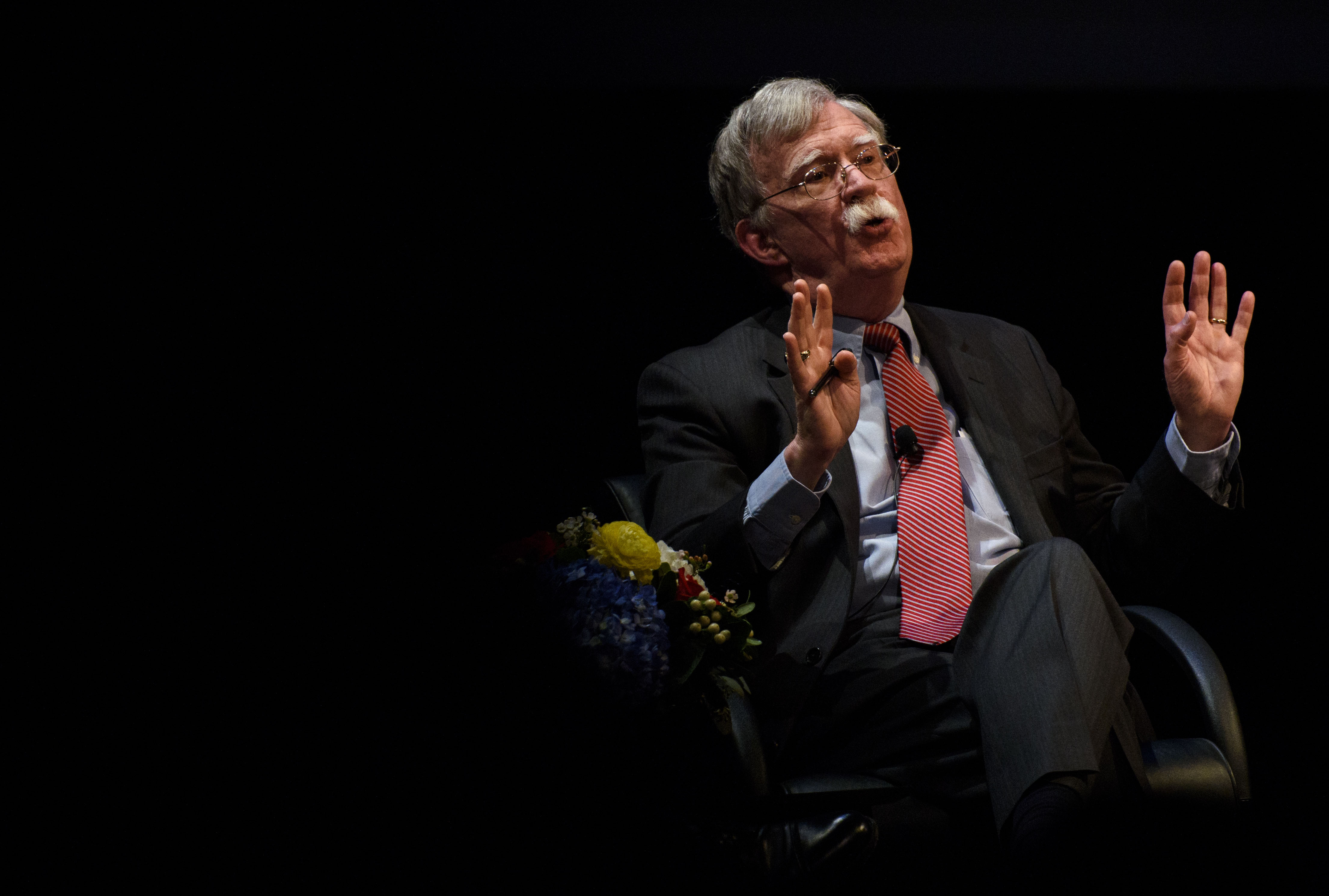 DURHAM, NC - FEBRUARY 17: Former National Security Advisor John Bolton discusses the "current threats to national security" during a forum moderated by Peter Feaver, the director of Duke's American Grand Strategy, at the Page Auditorium on the campus of Duke University on February 17, 2020 in Durham, North Carolina. A sold out crowd joined to listen to reflections from John Bolton's life's work. Questions from the audience were offered to Bolton by the moderator. A scheduled protest was held outside while attendees lined up for entrance. (Photo by Melissa Sue Gerrits/Getty Images)