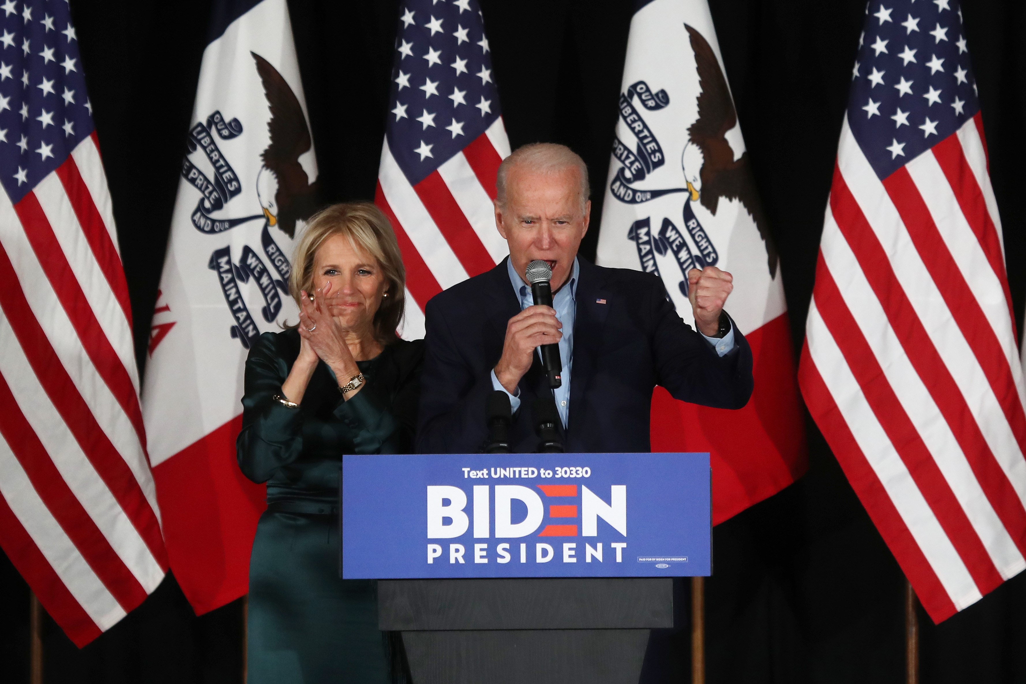 DES MOINES, IOWA - FEBRUARY 03: Democratic presidential candidate former Vice President Joe Biden and wife Dr. Jill Biden greet supporters at a caucus night watch party on February 03, 2020 in Des Moines, Iowa. Iowa is the first contest in the 2020 presidential nominating process with the candidates then moving on to New Hampshire. (Photo by Justin Sullivan/Getty Images)