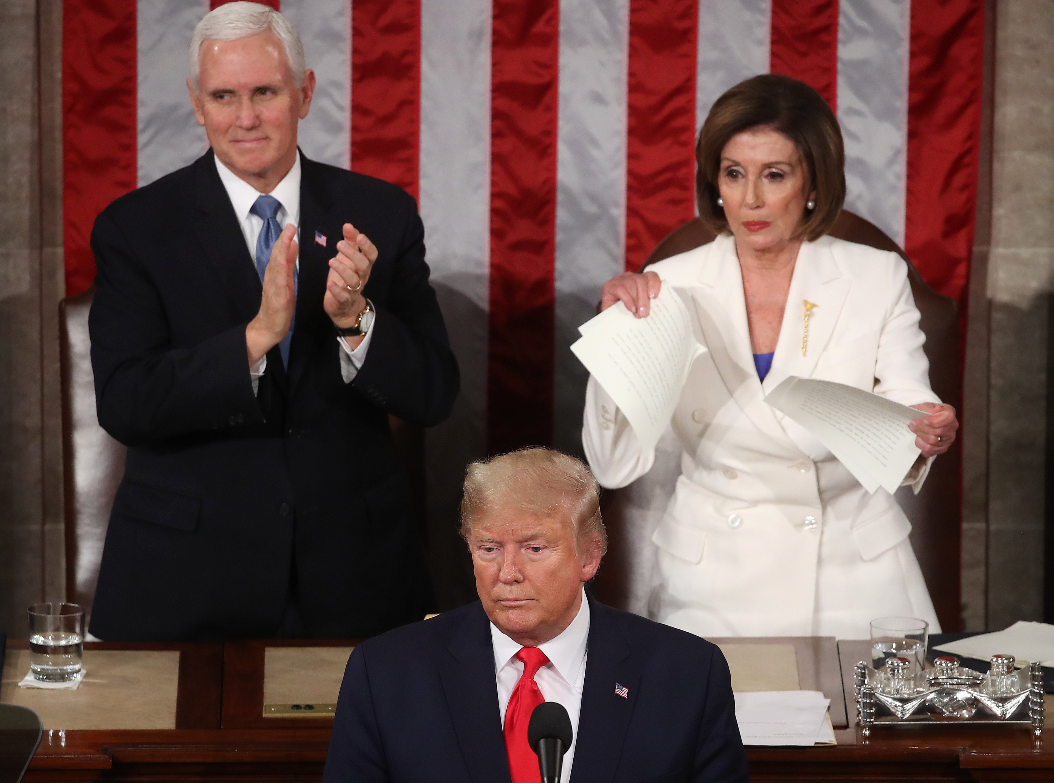 WASHINGTON, DC - FEBRUARY 04: House Speaker Rep. Nancy Pelosi (D-CA) rips up pages of the State of the Union speech after U.S. President Donald Trump finishes his State of the Union speech in the chamber of the U.S. House of Representatives on February 04, 2020 in Washington, DC. President Trump delivers his third State of the Union to the nation the night before the U.S. Senate is set to vote in his impeachment trial. (Photo by Mark Wilson/Getty Images)