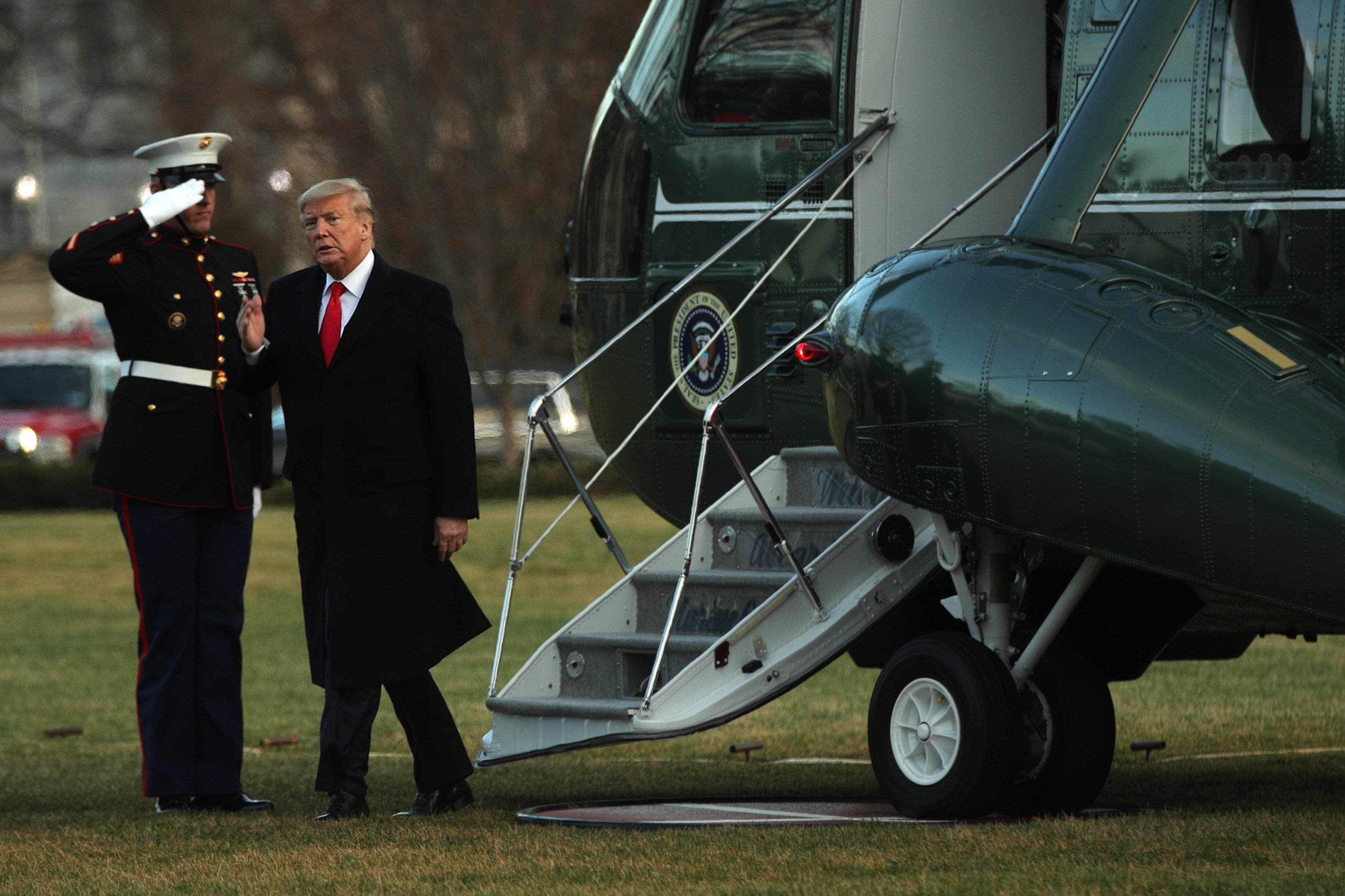 WASHINGTON, DC - FEBRUARY 07: U.S. President Donald Trump gets off from the Marine One after he landed at the South Lawn of the White House February 7, 2020 in Washington, DC. President Trump has returned from speaking at a “North Carolina Opportunity Now” summit in Charlotte, North Carolina. (Photo by Alex Wong/Getty Images)