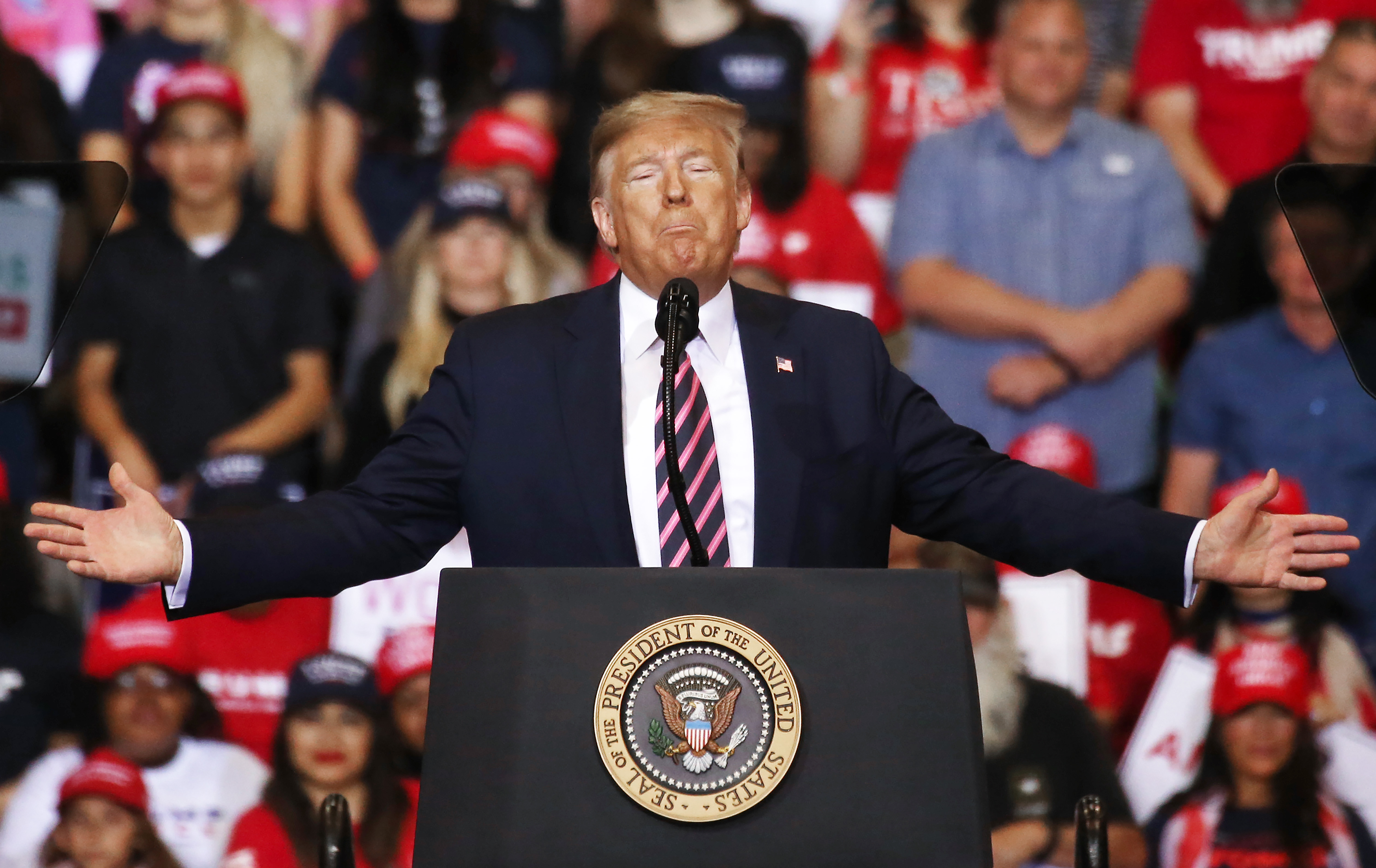 LAS VEGAS, NEVADA - FEBRUARY 21: US President Donald Trump speaks at a campaign rally at Las Vegas Convention Center on Feb. 21, 2020 in Las Vegas, Nevada. The upcoming Nevada Democratic presidential caucus will be held February 22. (Photo by Mario Tama/Getty Images)