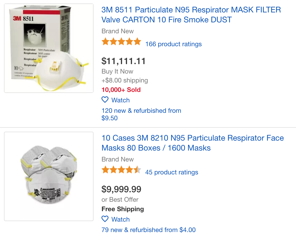The most expensive listings for N95 respirators on Ebay cost over $11,000. (Screengrab/Ebay)