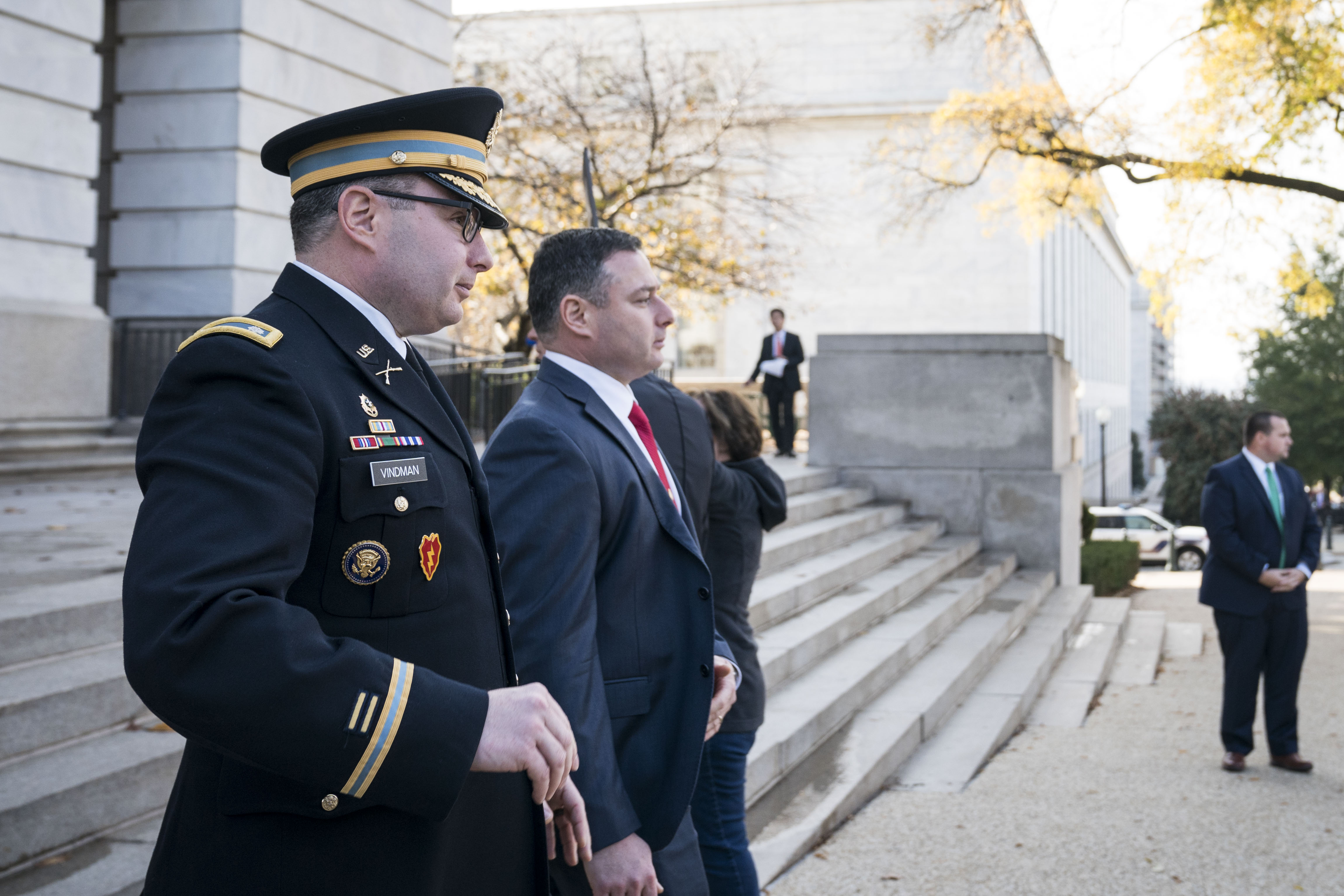 Lt. Col. Alexander Vindman, National Security Council Director for European Affairs, and his brother Leonid Vindman exit Longworth House Office Building after testifying before the House Intelligence Committee during the second week of impeachment hearings of President Donald Trump on November 19, 2019. (Sarah Silbiger/Getty Images)