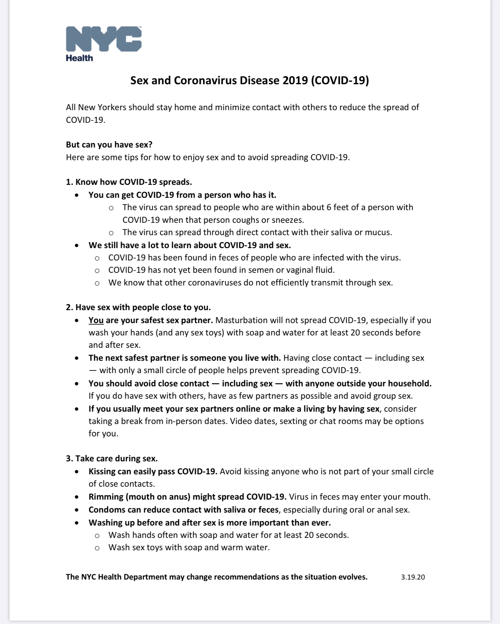 New York City Health Department’s “Sex and Coronavirus” Guide