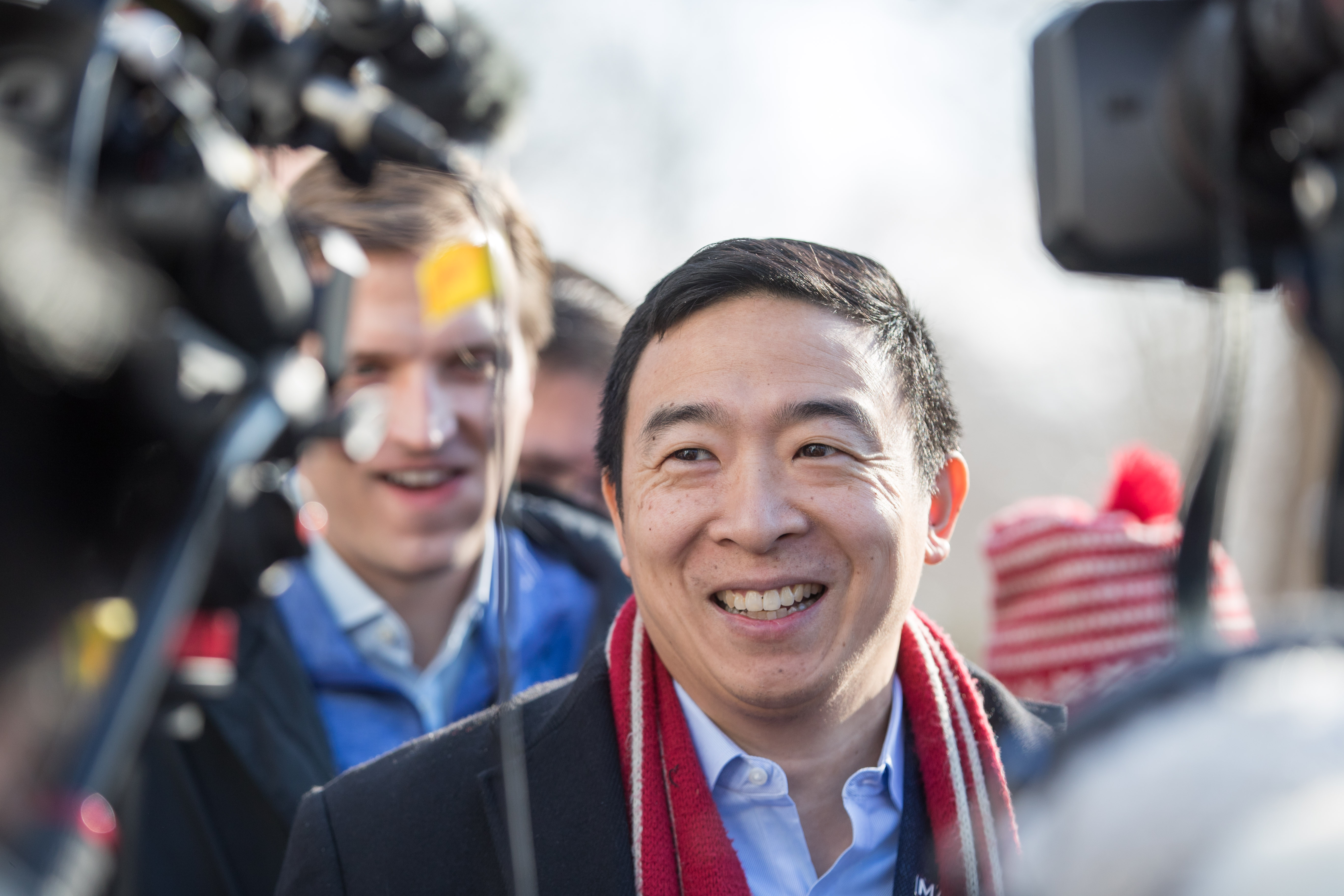 HOPKINTON, NH - FEBRUARY 09: Democratic presidential candidate Andrew Yang is interviewed outside of Hopkinton Town Hall following a campaign event on February 9, 2020 in Hopkinton, New Hampshire. The first in the nation primary is on Tuesday, February 11. (Photo by Scott Eisen/Getty Images)