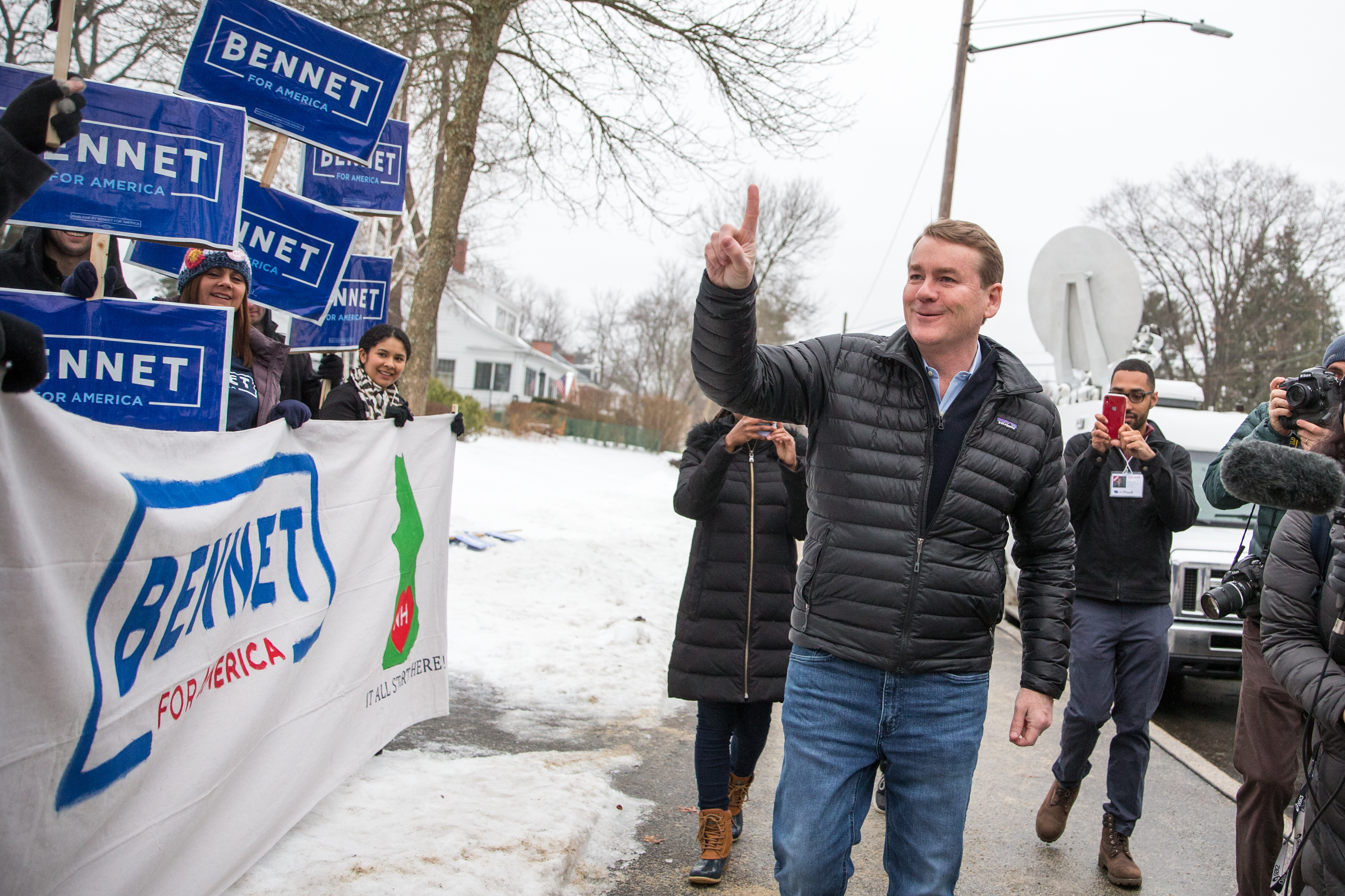 Democratic presidential candidate Sen. Michael Bennet (D-CO) greets supporters at the Webster Elementary School during the presidential primary on February 11, 2020 in Manchester, New Hampshire. (Scott Eisen/Getty Images)