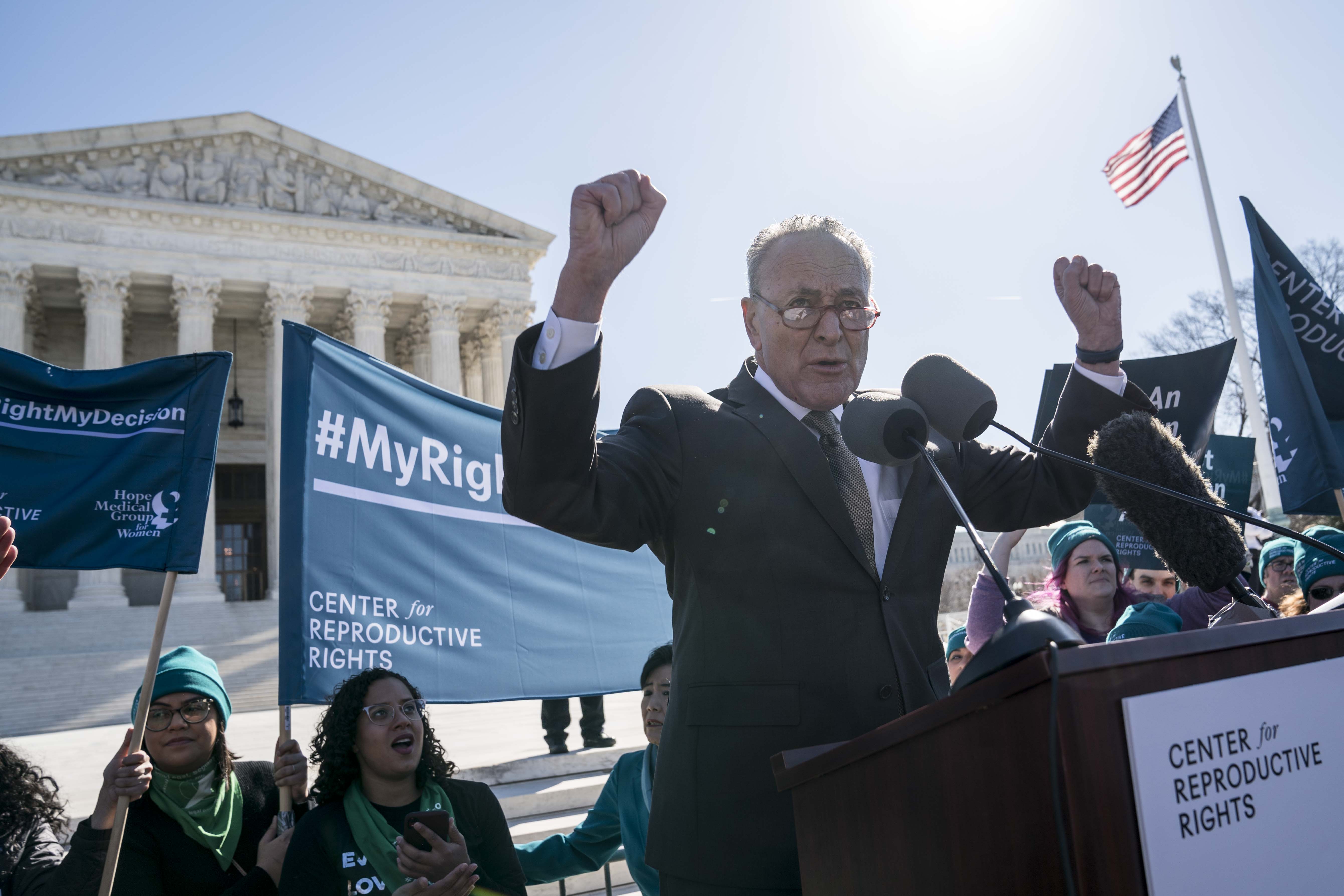 WASHINGTON, DC - MARCH 04: Senate Minority Leader Sen. Chuck Schumer (D-NY) speaks in an abortion rights rally outside of the Supreme Court as the justices hear oral arguments in the June Medical Services v. Russo case on March 4, 2020 in Washington, DC. The Louisiana abortion case is the first major abortion case to make it to the Supreme Court since Donald Trump became President. (Photo by Sarah Silbiger/Getty Images)
