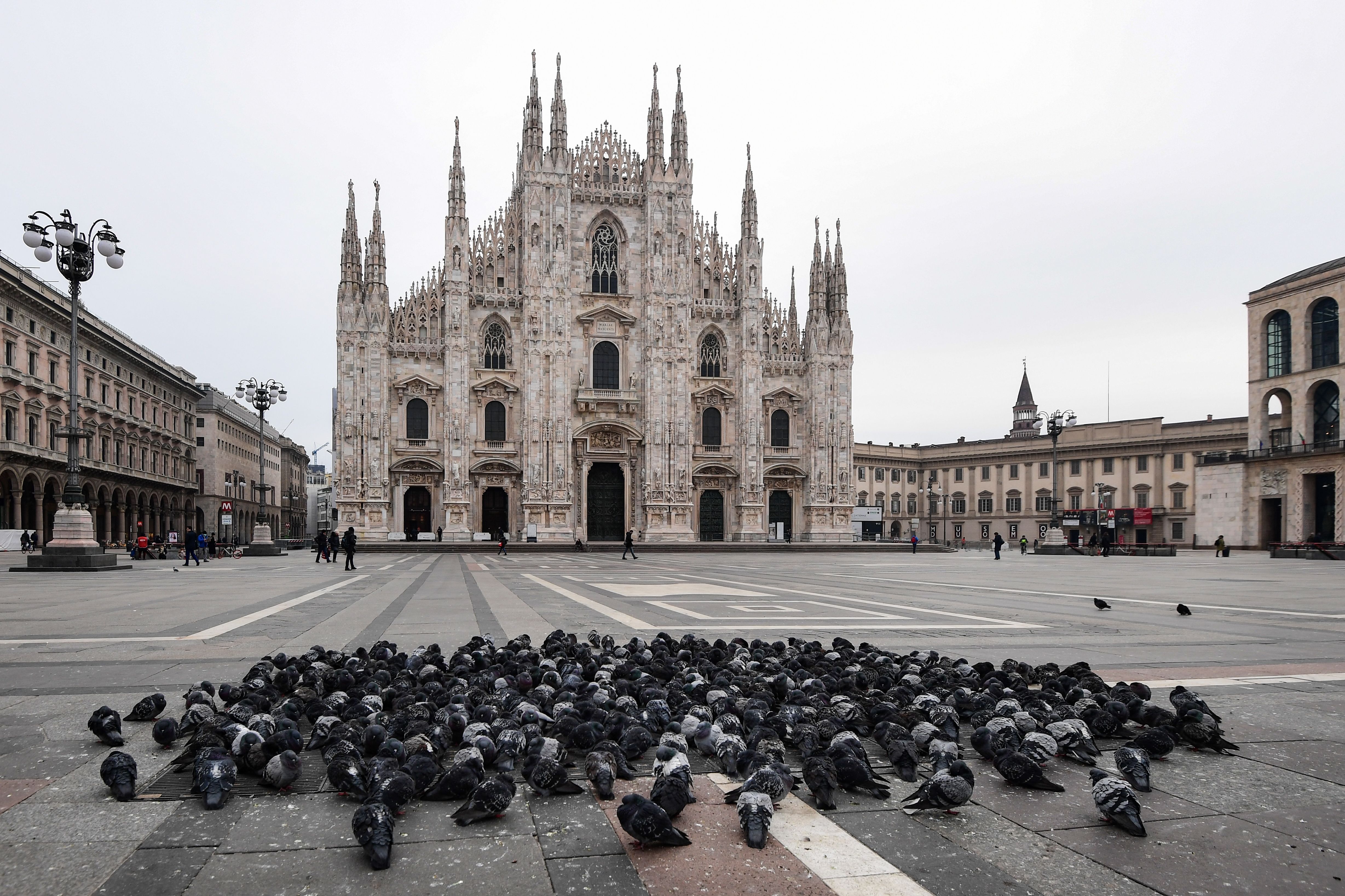 Pigeons gather on Piazza del Duomo by Milan's cathedral on March 10, 2020 in Milan. (Photo by MIGUEL MEDINA/AFP via Getty Images)