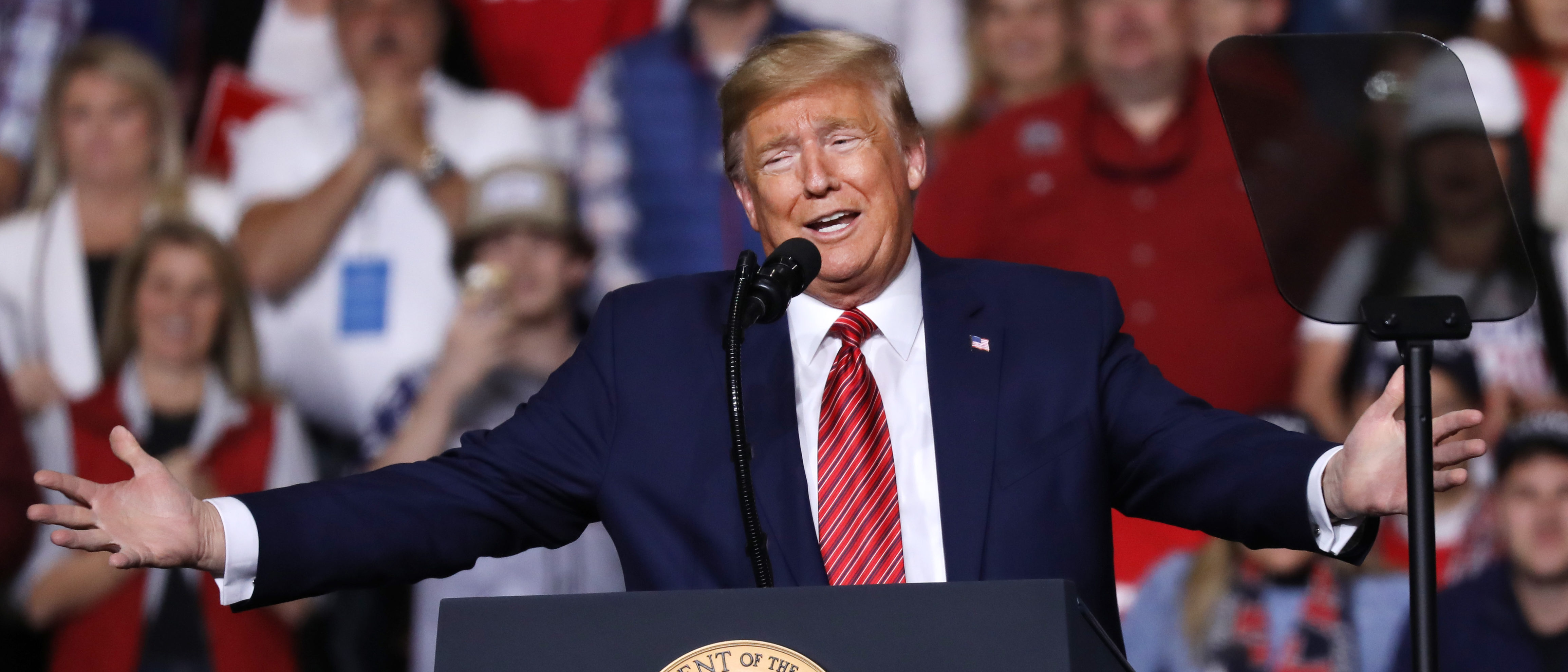 President Donald Trump appears at a rally on the eve of the South Carolina primary on February 28, 2020 in North Charleston, South Carolina. (Spencer Platt/Getty Images)