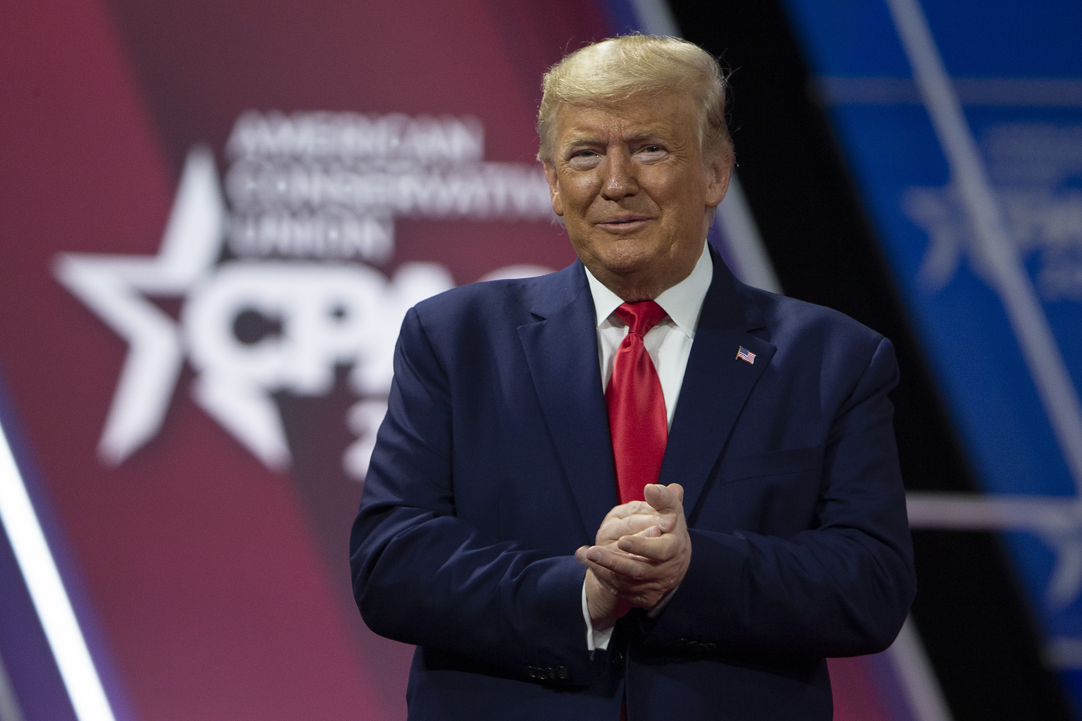 NATIONAL HARBOR, MARYLAND - FEBRUARY 29: President Donald Trump acknowledges the crowd during the annual Conservative Political Action Conference (CPAC) at Gaylord National Resort & Convention Center February 29, 2020 in National Harbor, Maryland. Conservatives gather at the annual event to discuss their agenda. (Photo by Tasos Katopodis/Getty Images)