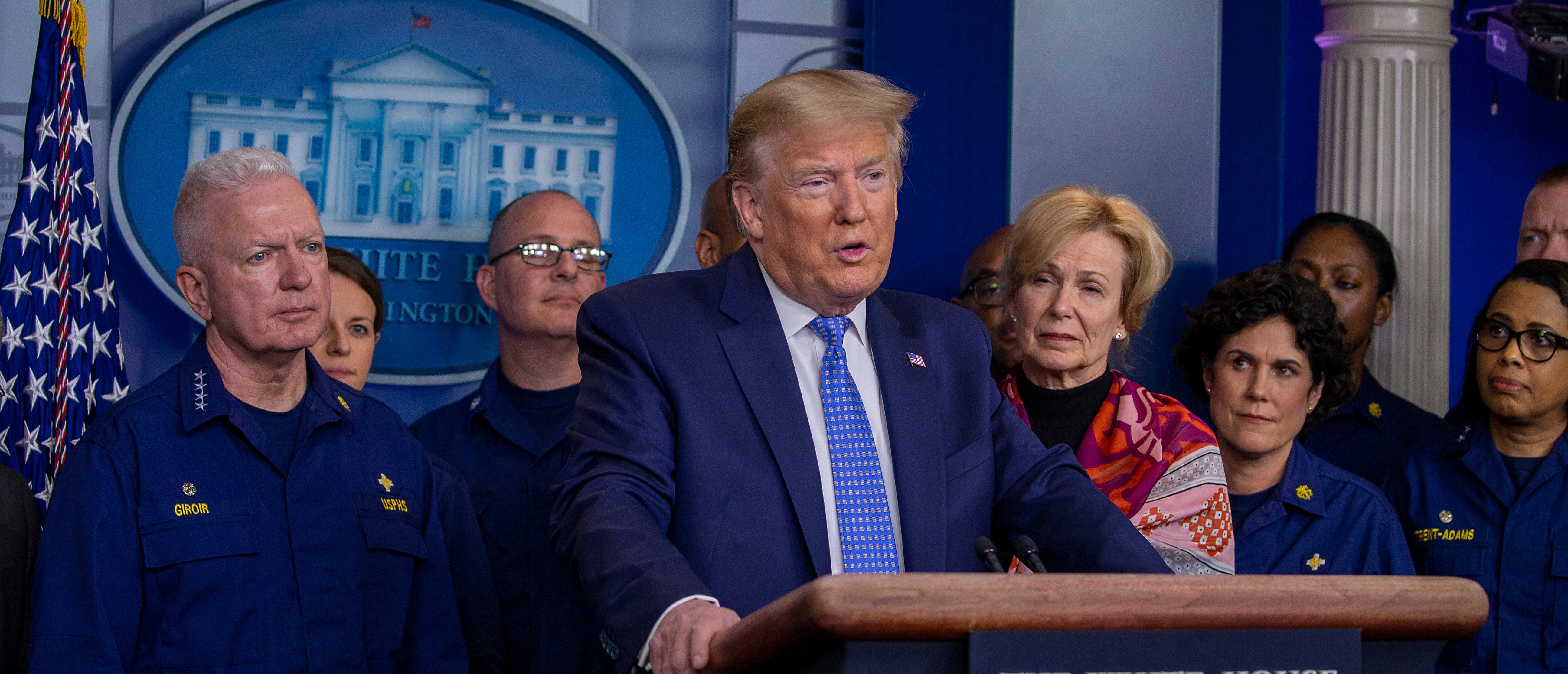 WASHINGTON, DC - MARCH 15: U.S. President Donald Trump speaks to the media in the press briefing room at the White House on March 15, 2020 in Washington, DC. The United States has surpassed 3,000 confirmed cases of the coronavirus, and the death toll climbed to at least 61, with 25 of the deaths associated with the Life Care Center in Kirkland, Washington. (Photo by Tasos Katopodis/Getty Images)