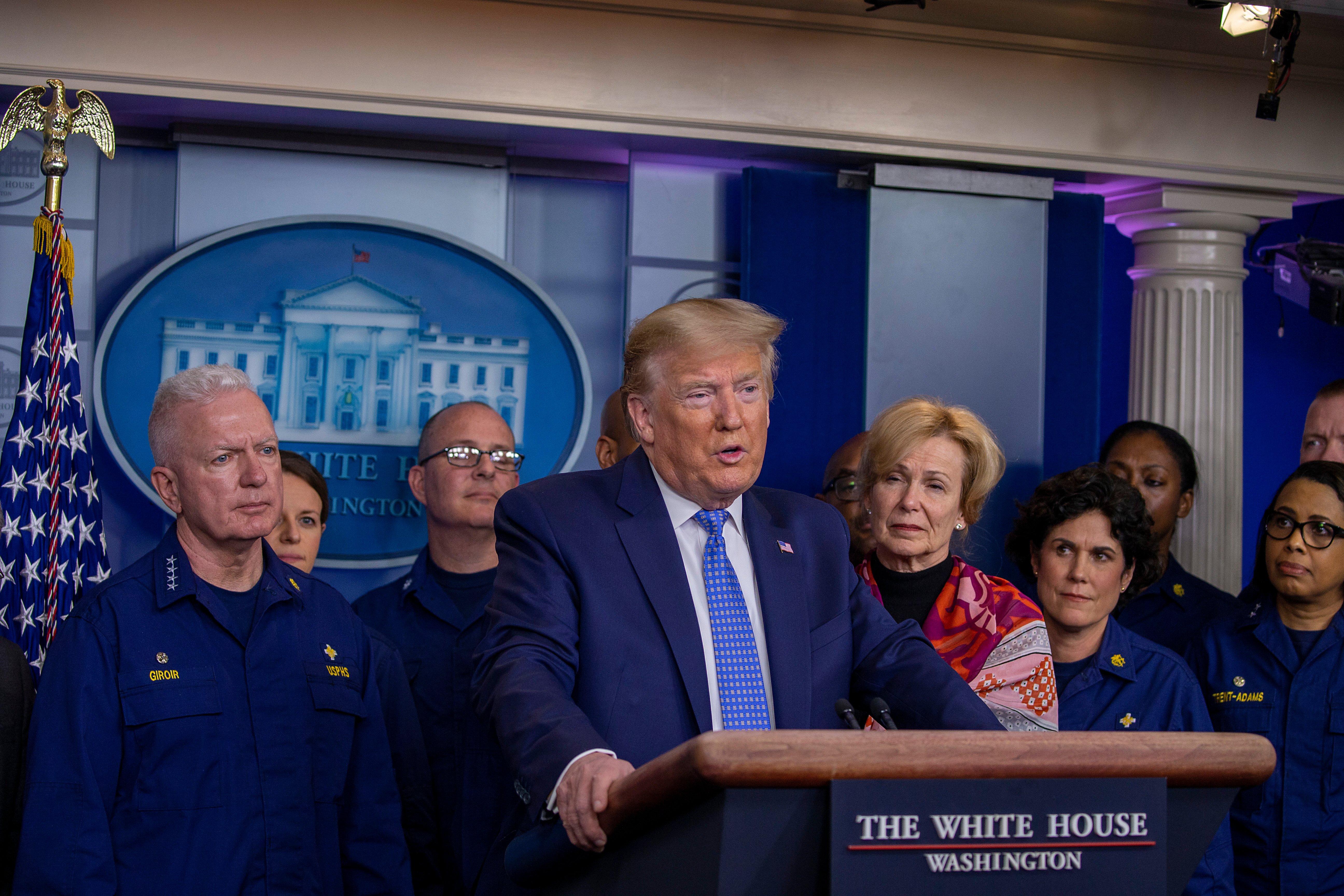 WASHINGTON, DC - MARCH 15: U.S. President Donald Trump speaks to the media in the press briefing room at the White House on March 15, 2020 in Washington, DC. The United States has surpassed 3,000 confirmed cases of the coronavirus, and the death toll climbed to at least 61, with 25 of the deaths associated with the Life Care Center in Kirkland, Washington. (Photo by Tasos Katopodis/Getty Images)