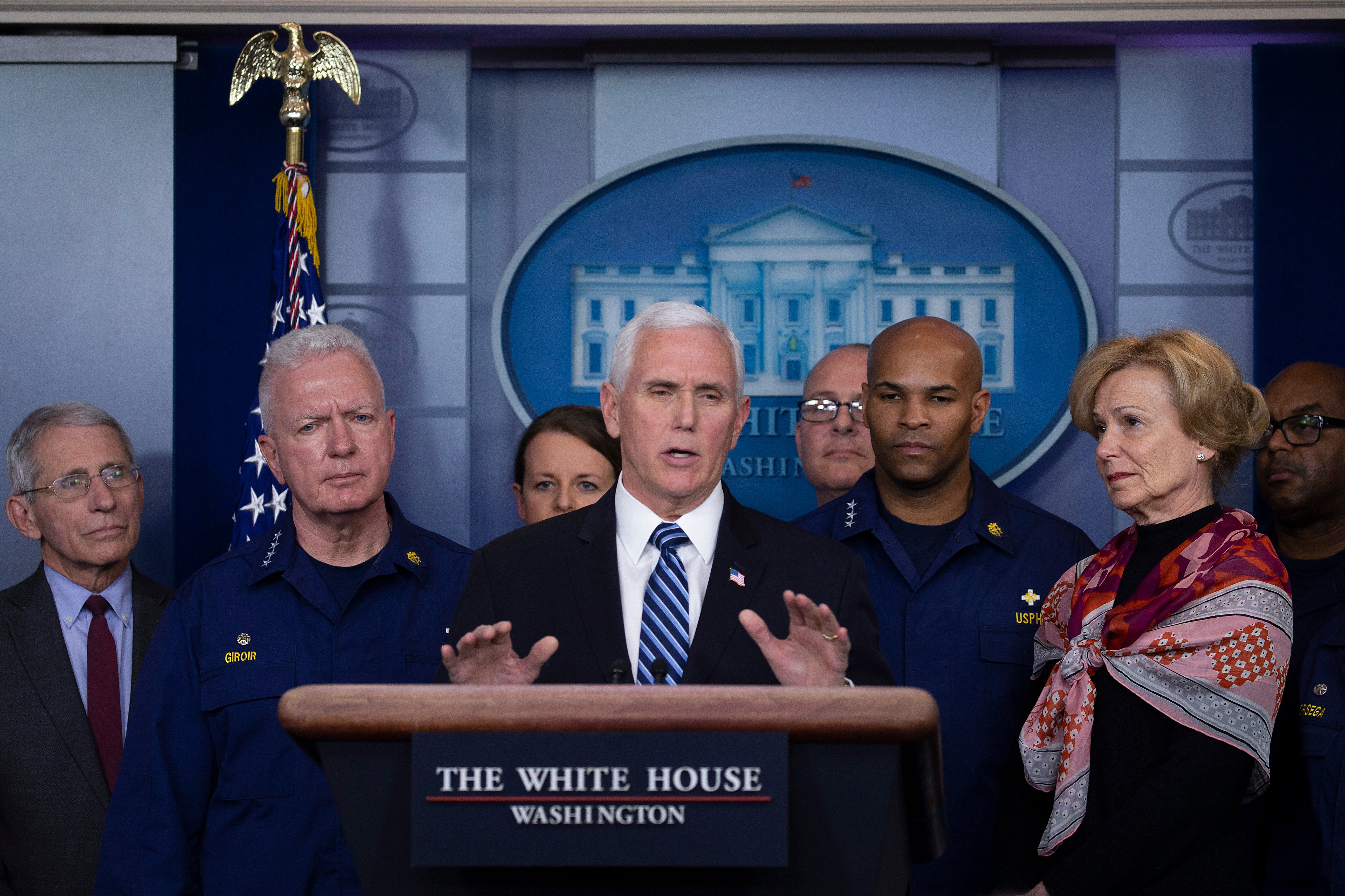 WASHINGTON, DC - MARCH 15: Vice President Mike Pence speaks to the media in the press briefing room at the White House on March 15, 2020 in Washington, DC. The United States has surpassed 3,000 confirmed cases of the coronavirus, and the death toll climbed to at least 61, with 25 of the deaths associated with the Life Care Center in Kirkland, Washington. (Photo by Tasos Katopodis/Getty Images)