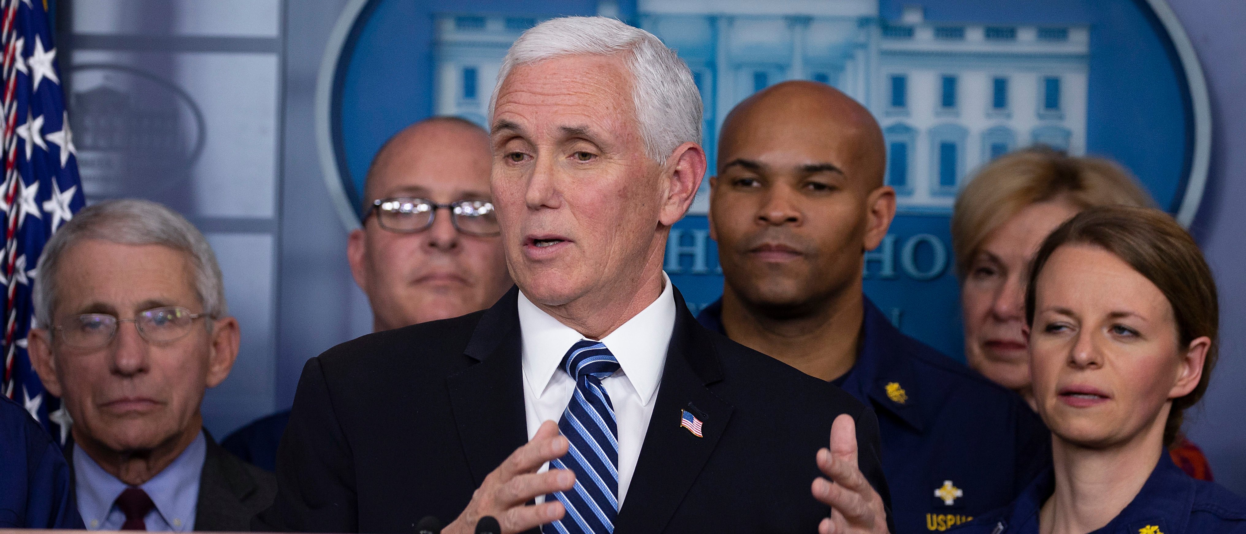 WASHINGTON, DC - MARCH 15: Vice President Mike Pence speaks to the media in the press briefing room at the White House on March 15, 2020 in Washington, DC. The United States has surpassed 3,000 confirmed cases of the coronavirus, and the death toll climbed to at least 61, with 25 of the deaths associated with the Life Care Center in Kirkland, Washington. (Photo by Tasos Katopodis/Getty Images)