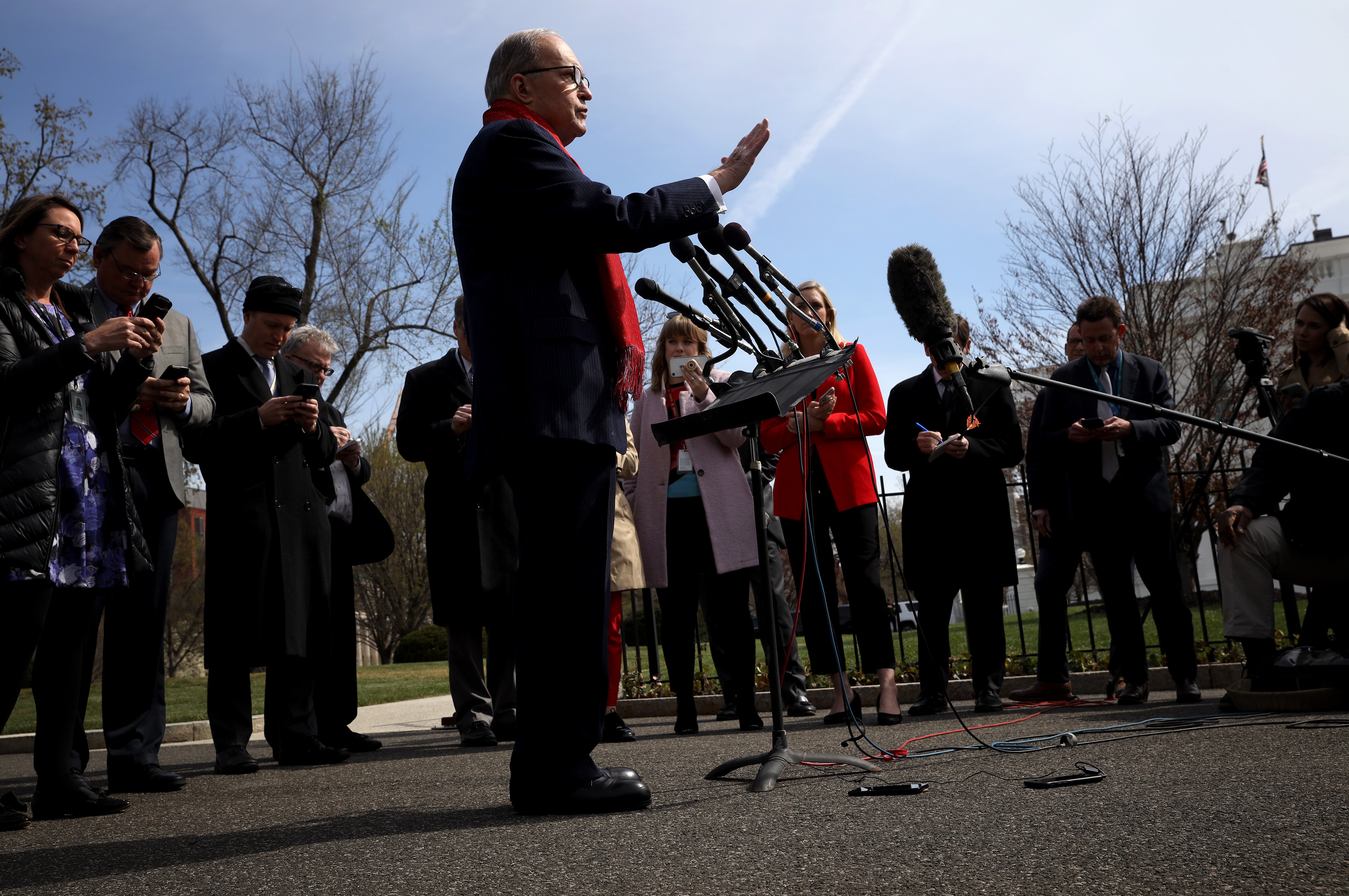 WASHINGTON, DC - MARCH 16: Larry Kudlow, Director of the U.S. National Economic Council, answers questions outside the White House on March 16, 2020 in Washington, DC. U.S. stocks dropped sharply in early trading despite emergency measures by the Federal Reserve to boost the global economy that has been battered due to impacts from the COVID-19 virus. (Photo by Win McNamee/Getty Images)