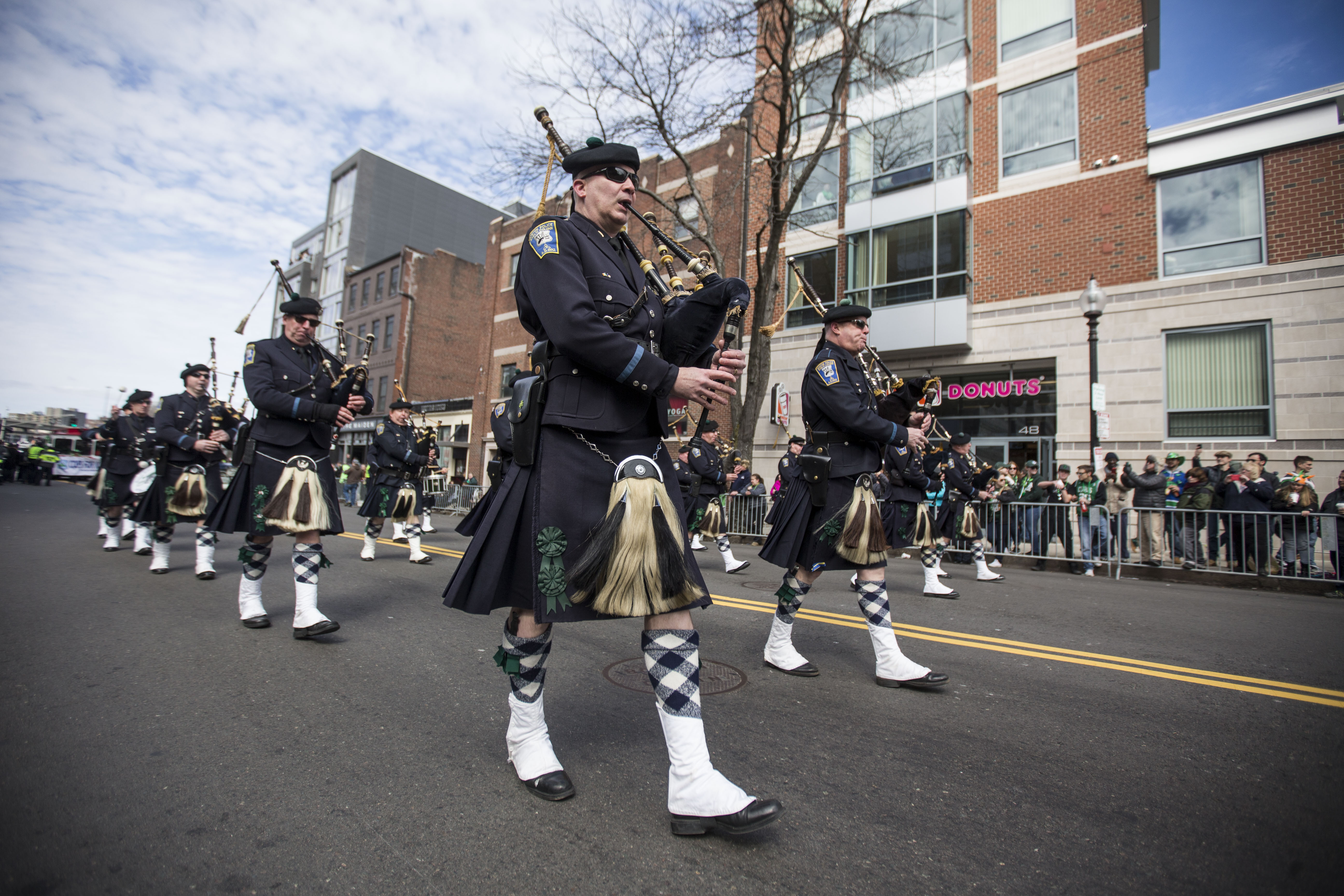 BOSTON, MA - MARCH 20: The Boston Police Gaelic Column of Pipes and Drums marches during the annual South Boston St. Patrick's Parade (Photo by Scott Eisen/Getty Images)