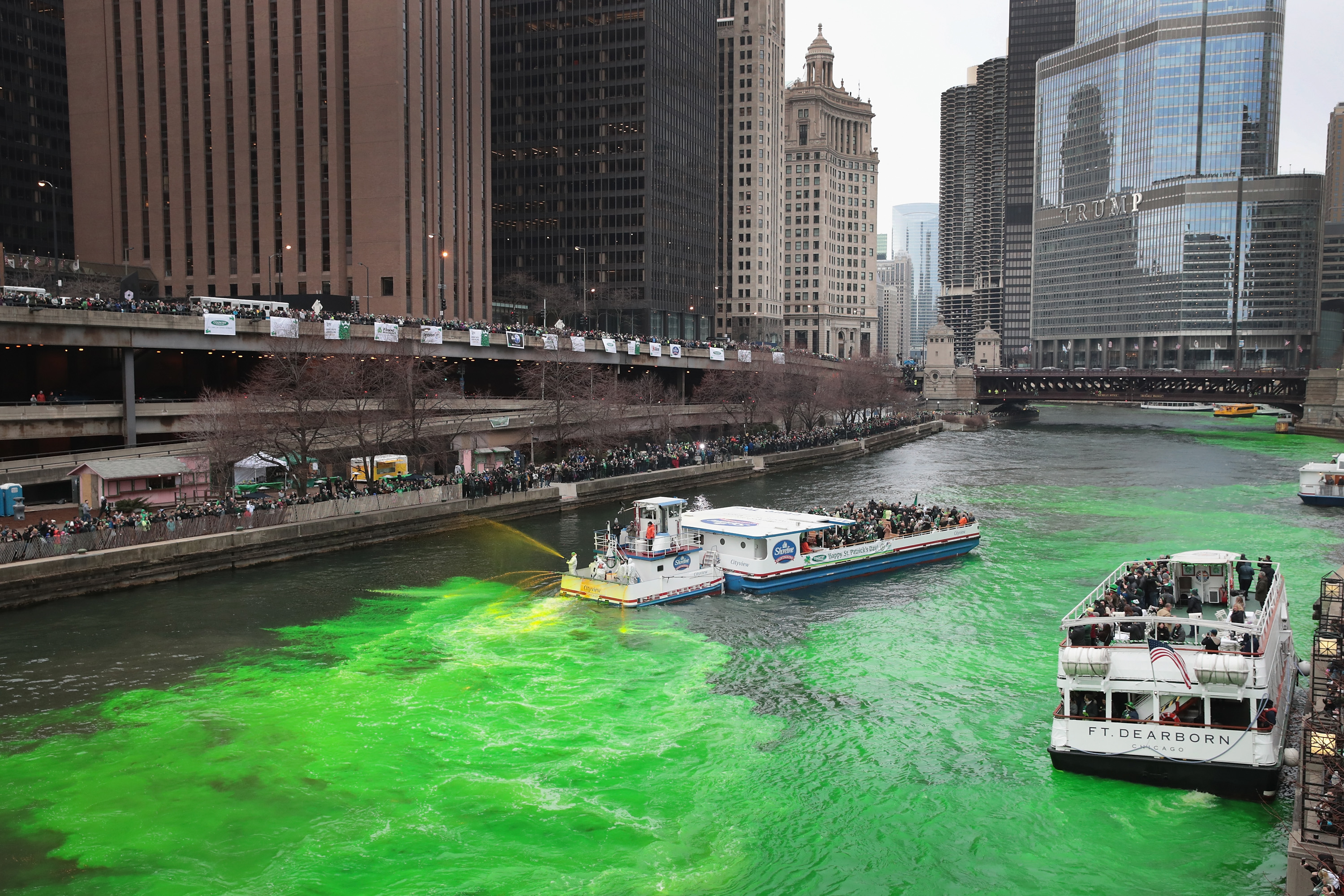 CHICAGO, IL - MARCH 17: Members of the local plumber's union dye the Chicago River green in celebration of St. Patrick's Day (Photo by Scott Olson/Getty Images)
