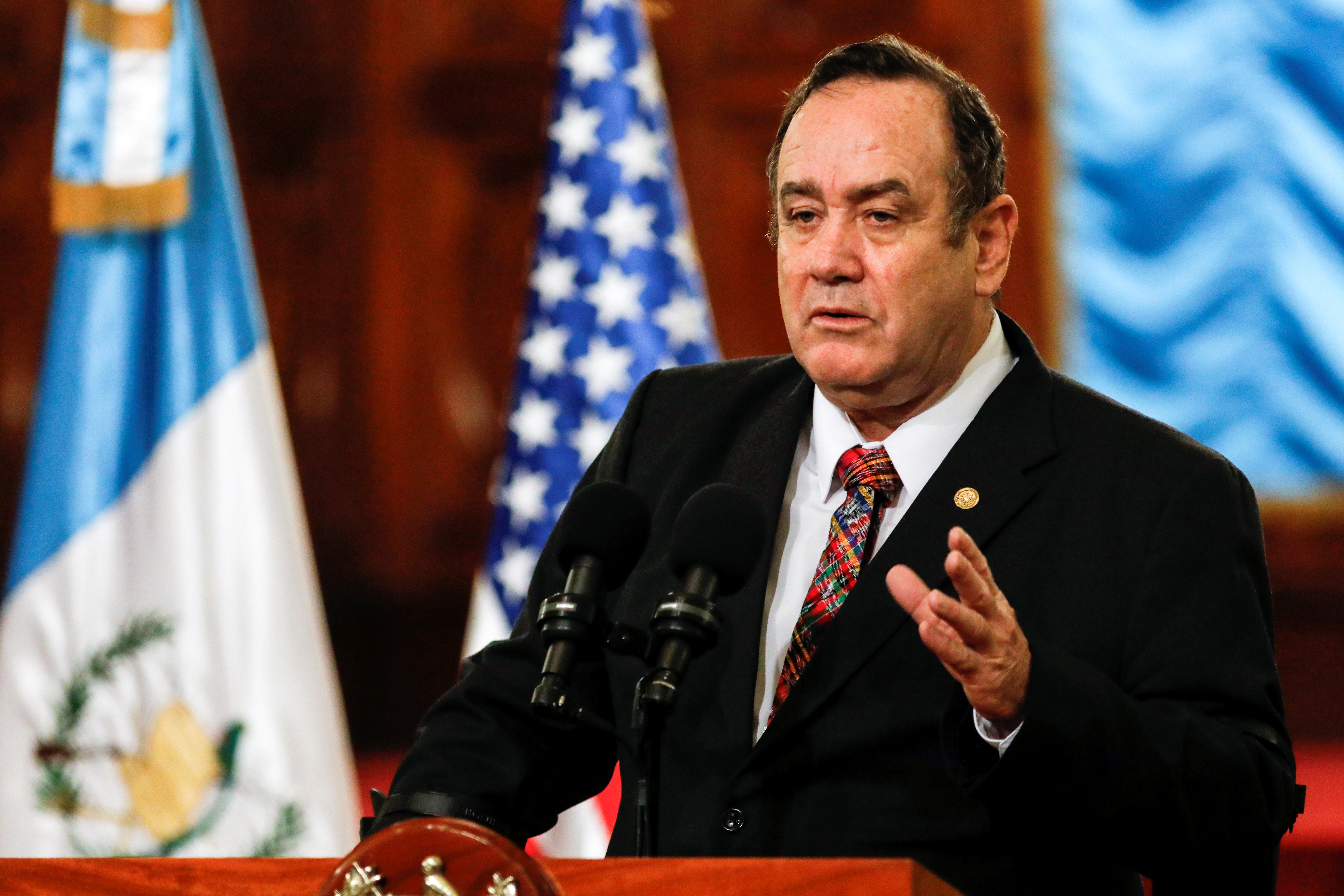 Guatemala's President Alejandro Giammattei speaks during a news conference in Guatemala City