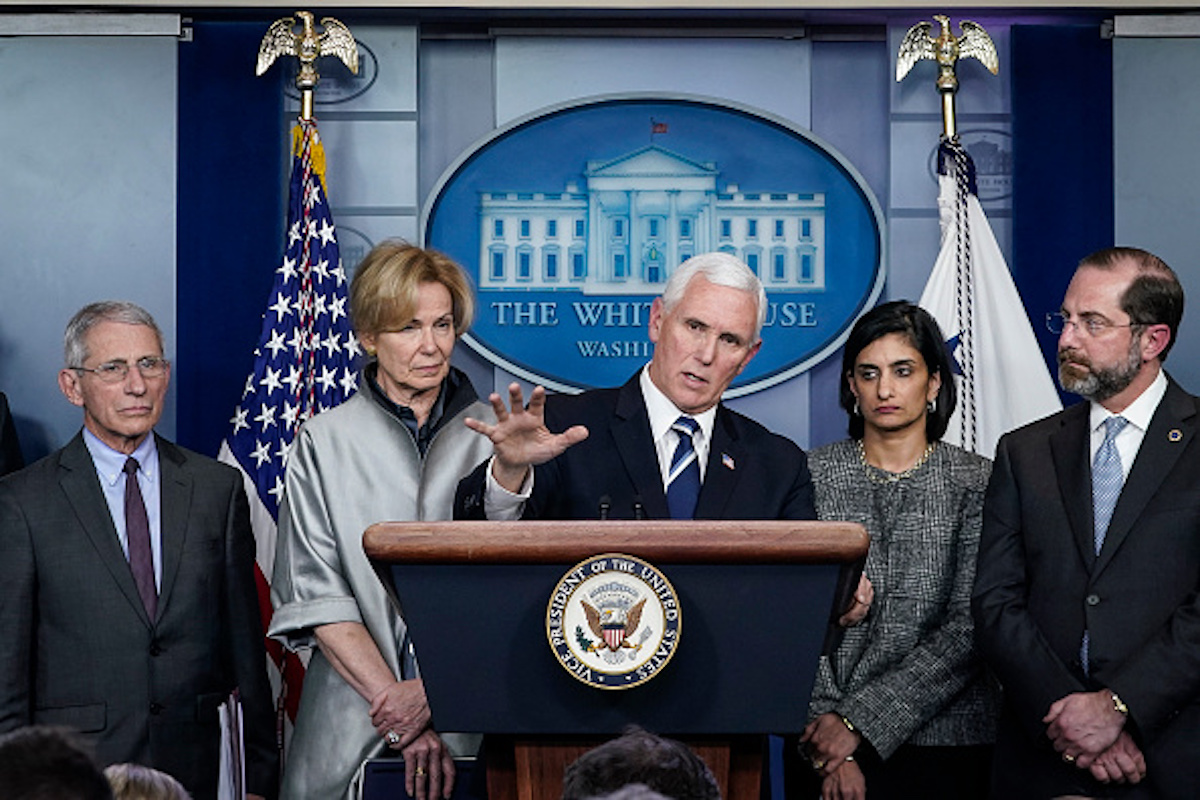 WASHINGTON, DC - MARCH 03: U.S. Vice President Mike Pence speaks during a briefing on the administration's coronavirus response in the press briefing room of the White House on March 3, 2020 in Washington, DC. Standing with Pence, from L to R, Dr. Anthony Fauci, director of the National Institute of Allergy and Infectious Diseases, Debbie Birx, White House Corona Virus Response Coordinator, Seema Verma, administrator of the Centers for Medicare and Medicaid Services, and Alex Azar, Secretary of Health and Human Services. (Photo by Drew Angerer/Getty Images)