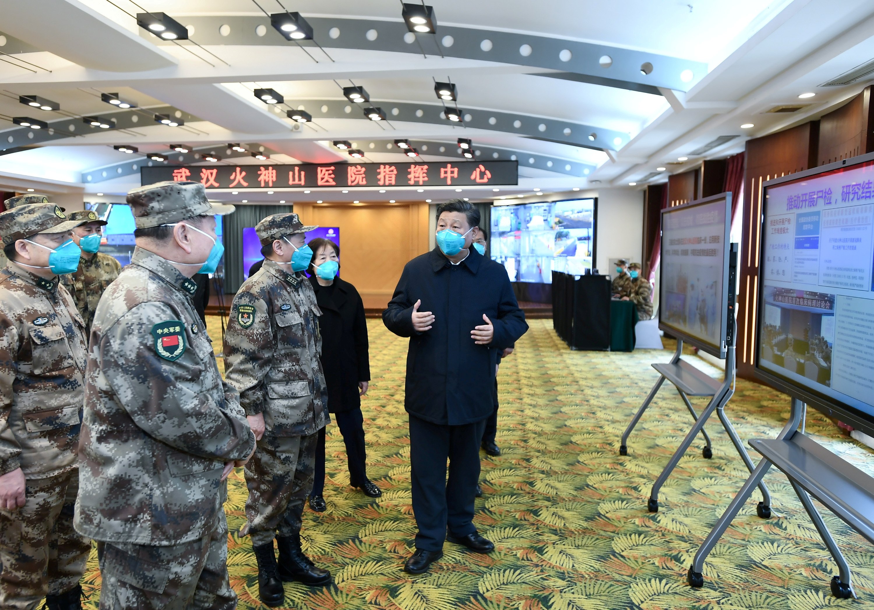 Chinese President Xi Jinping learns about the hospital's operations, treatment of patients, protection for medical workers and scientific research at the Huoshenshan Hospital in Wuhan, the epicentre of the novel coronavirus outbreak, Hubei province, China March 10, 2020. Xie Huanchi/Xinhua via REUTERS