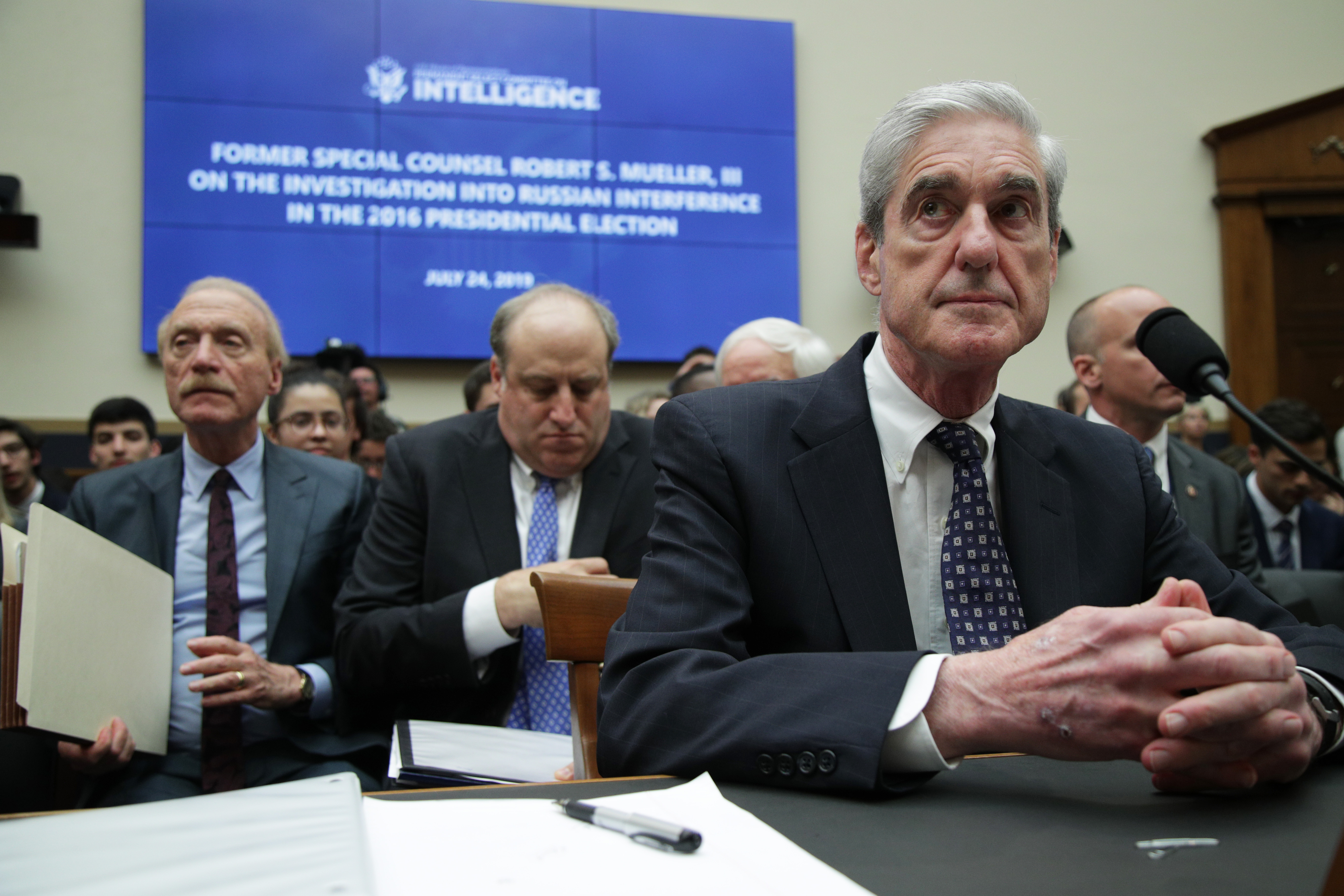 WASHINGTON, DC - JULY 24: Former Special Counsel Robert Mueller testifies before the House Intelligence Committee about his report on Russian interference in the 2016 presidential election in the Rayburn House Office Building July 24, 2019 in Washington, DC. Mueller testified earlier in the day before the House Judiciary Committee in back-to-back hearings on Capitol Hill. (Photo by Alex Wong/Getty Images)