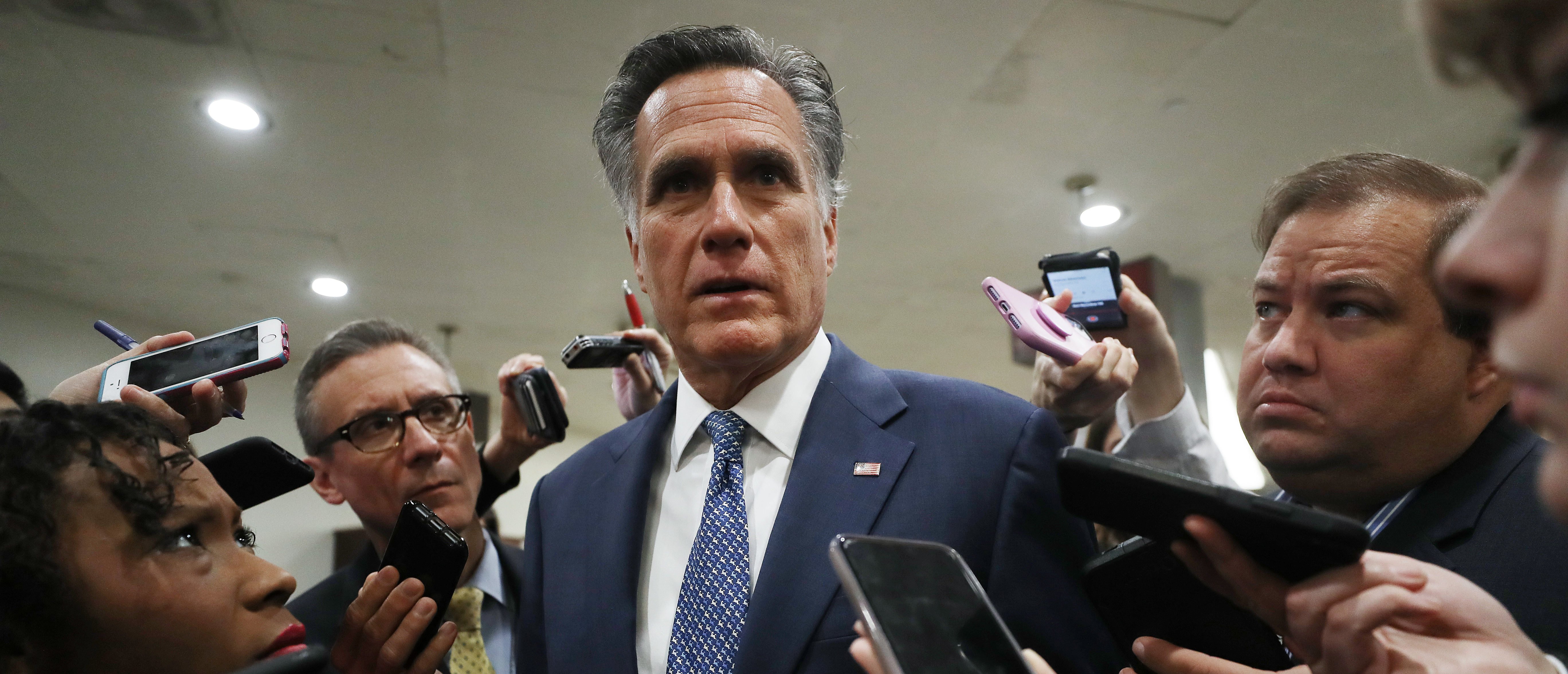 WASHINGTON, DC - JANUARY 29: Sen. Mitt Romney (R-UT) speaks to reporters upon arrival to the U.S. Capitol for the Senate impeachment trial on January 29, 2020 in Washington, DC. Wednesday begins the question-and-answer phase of the impeachment trial that will last up to 16 hours over the next two days. (Photo by Mario Tama/Getty Images)