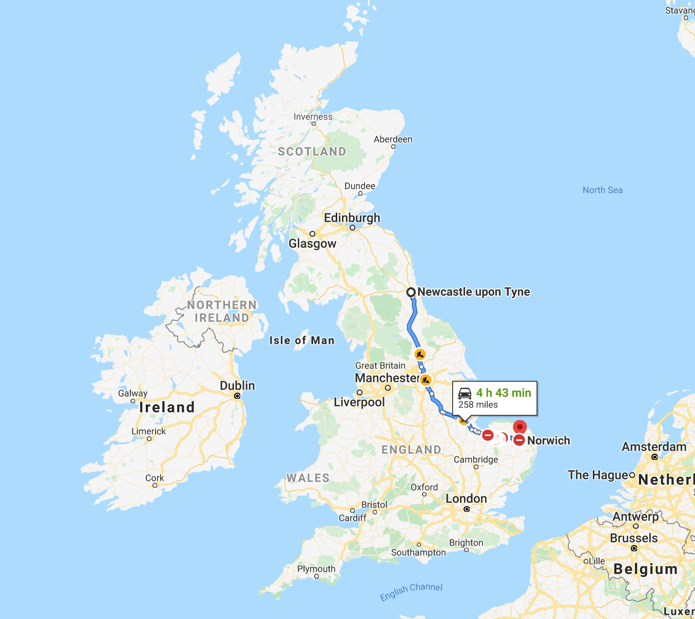The drive between Newcastle and Norwitch takes about as long as the drive between D.C. and N.Y.C. (Google Maps/Screengrab)