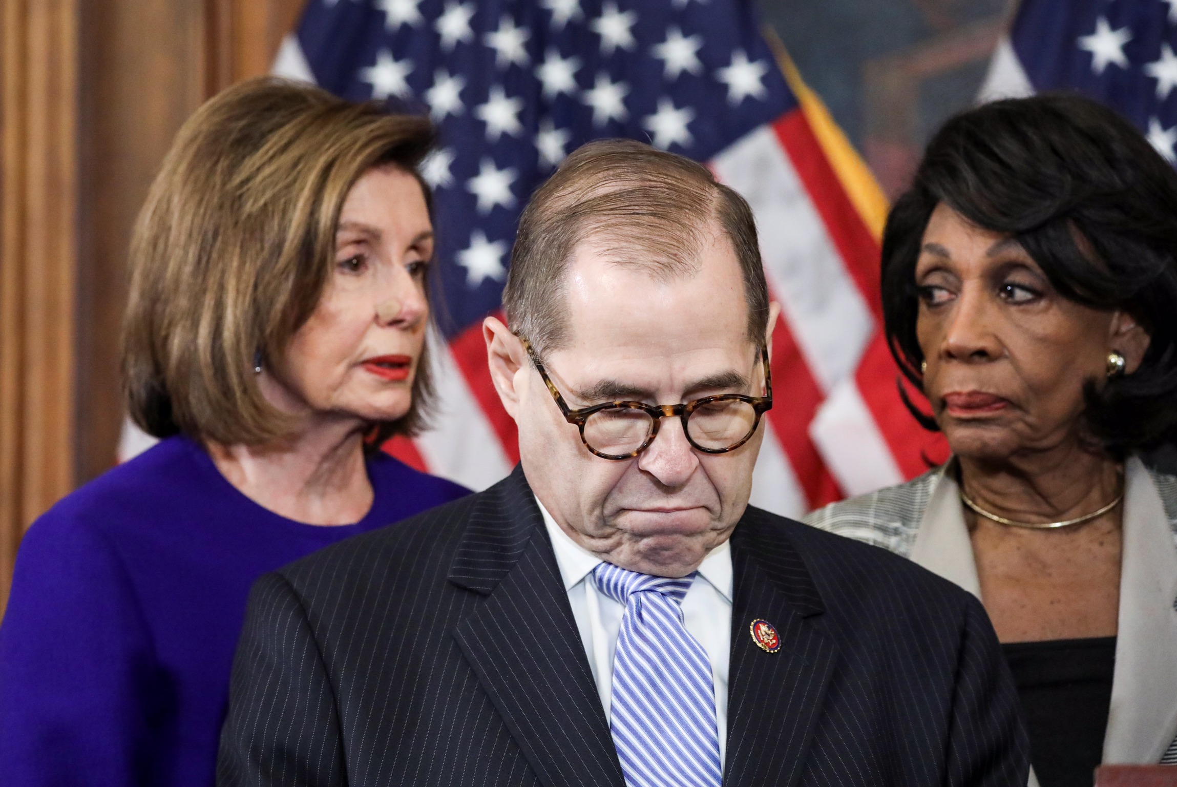 House Judiciary Chairman Jerrold Nadler (D-NY) stands with U.S. House Speaker Nancy Pelosi (D-CA), House Financial Services Chairwoman Maxine Waters (D-CA) and other House committee chairs at a news conference to announce articles of impeachment against U.S. President Donald Trump on Capitol Hill in Washington, U.S., Dec. 10, 2019. REUTERS/Jonathan Ernst