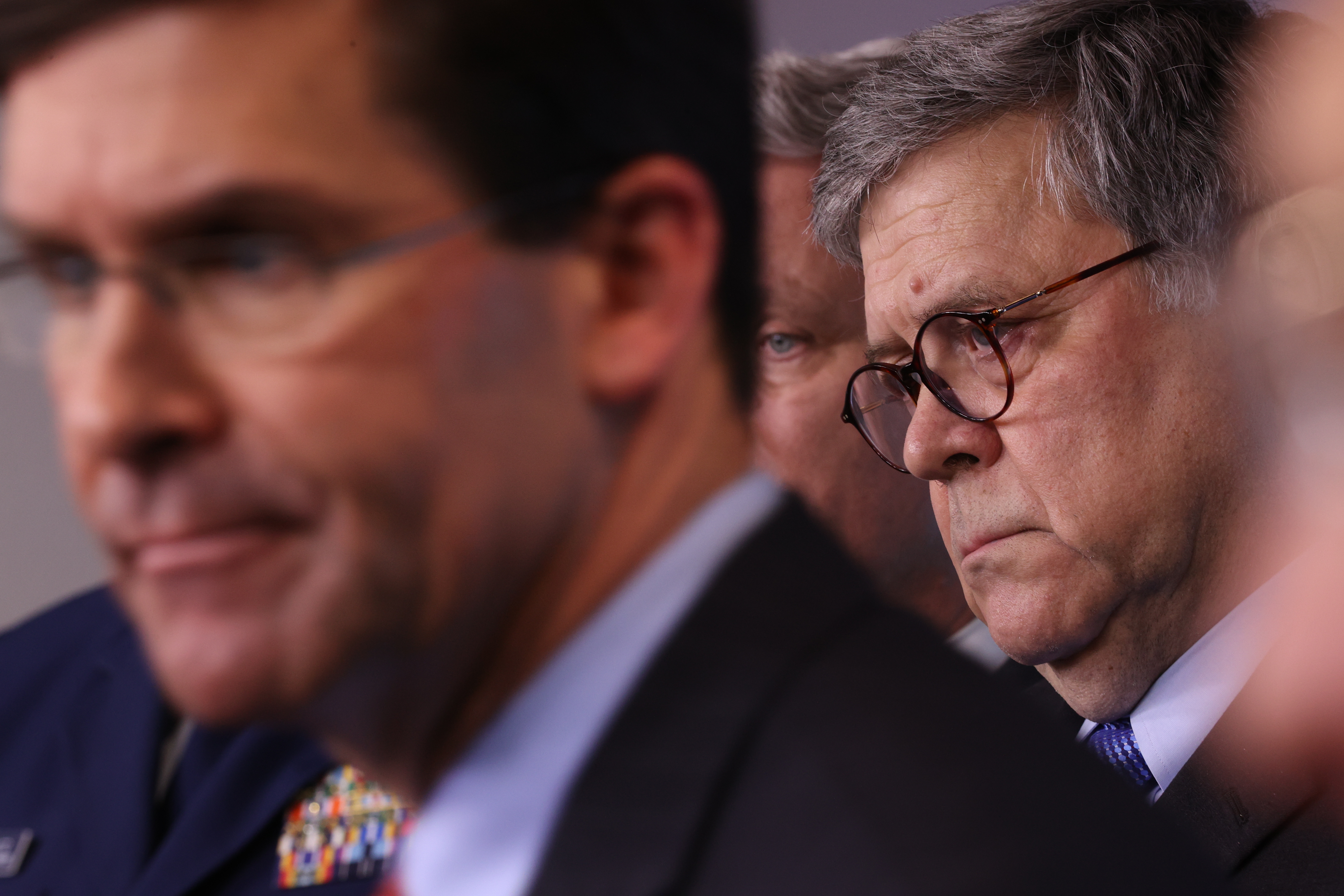 Attorney General William Barr (R) participates in the daily White House Coronavirus press briefing April 1, 2020 in Washington, DC. (Photo by Win McNamee/Getty Images)