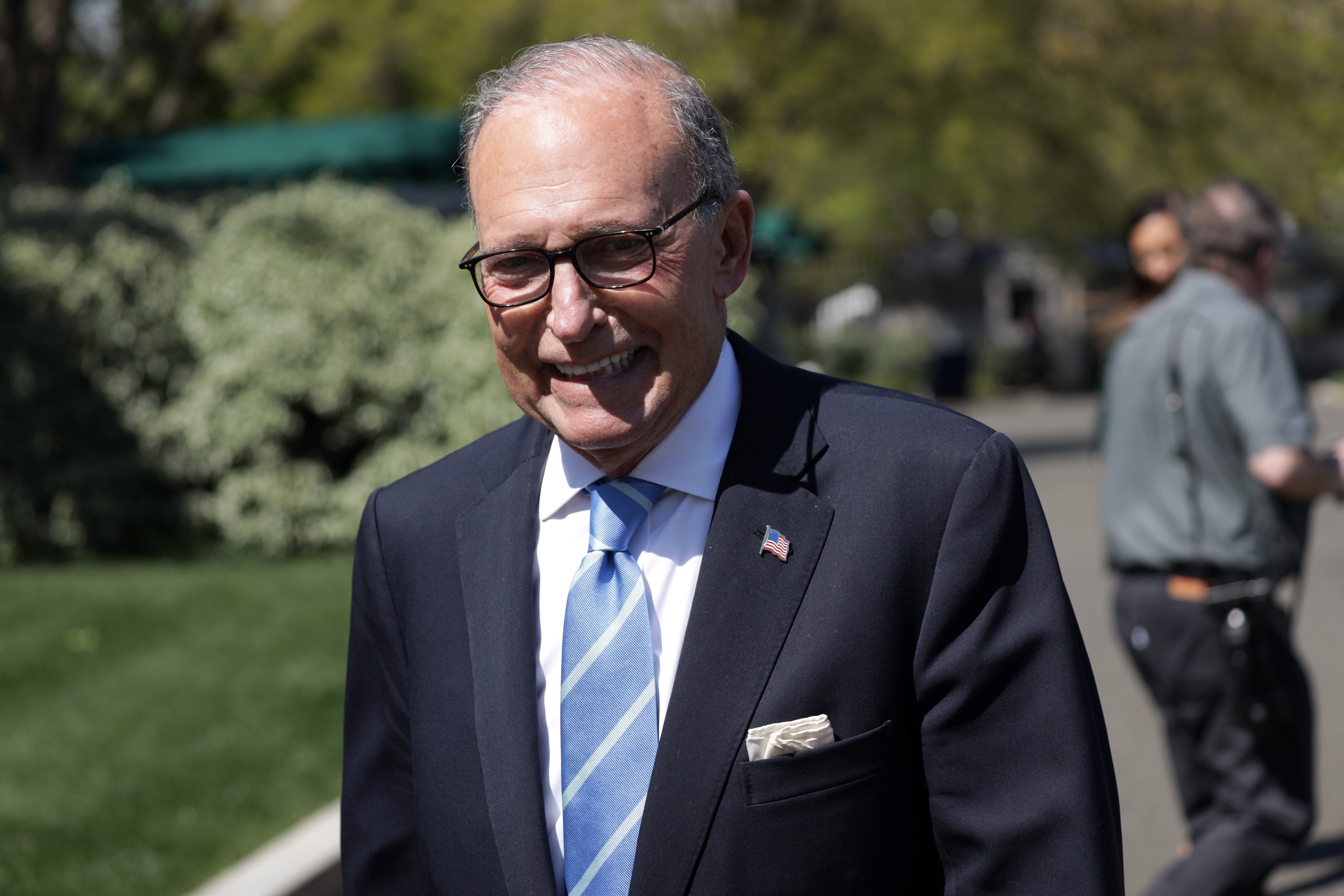 WASHINGTON, DC - APRIL 09: Director of National Economic Council Larry Kudlow walks towards the West Wing of the White House after giving TV interviews on April 09, 2020 in Washington, DC. The White House Coronavirus Task Force is scheduled to give a daily briefing at 5pm today. (Photo by Alex Wong/Getty Images)