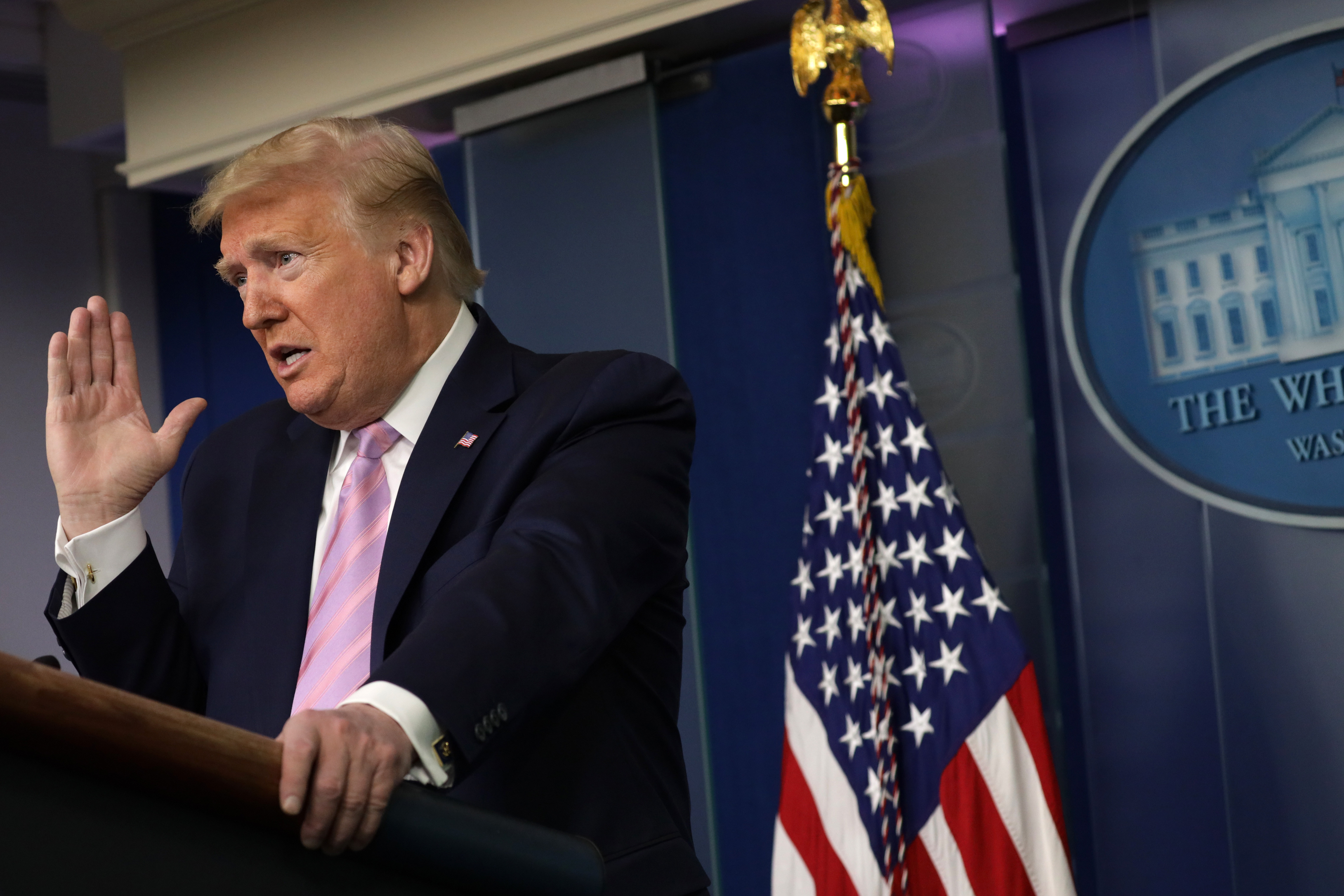 U.S. President Donald Trump speaks during the daily briefing of the White House Coronavirus Task Force in the James Brady Briefing Room April 10, 2020 at the White House in Washington, DC. (Alex Wong/Getty Images)