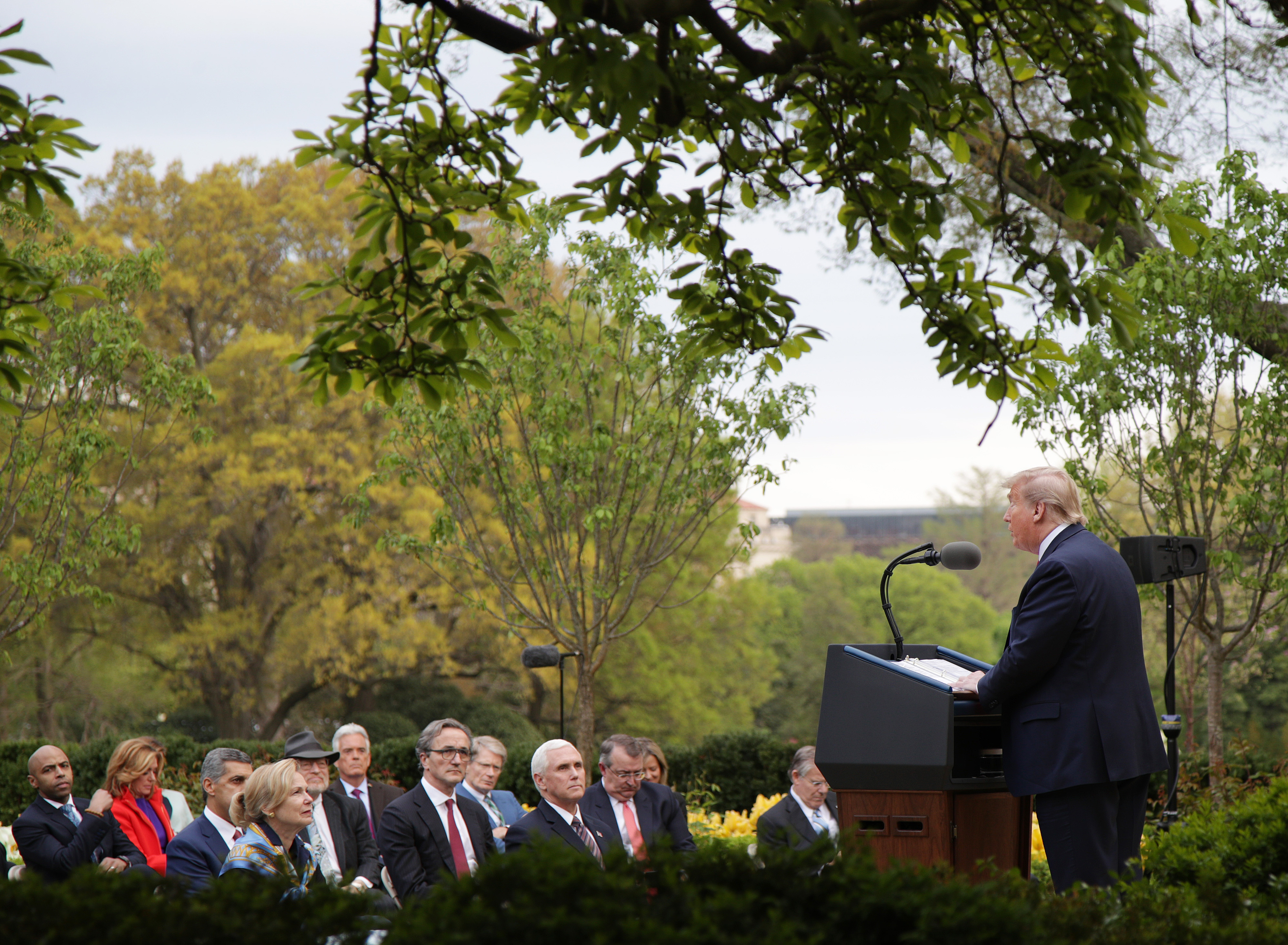 WASHINGTON, DC - APRIL 14: U.S. President Donald Trump speaks during the daily briefing of the White House Coronavirus Task Force, in the Rose Garden at the White House April 14, 2020 in Washington, DC. President Trump is expected to announce a new task force dedicated to reopening the country and will be headed by president’s chief of staff Mark Meadows, a former Republican Congressman from North Carolina. (Photo by Alex Wong/Getty Images)